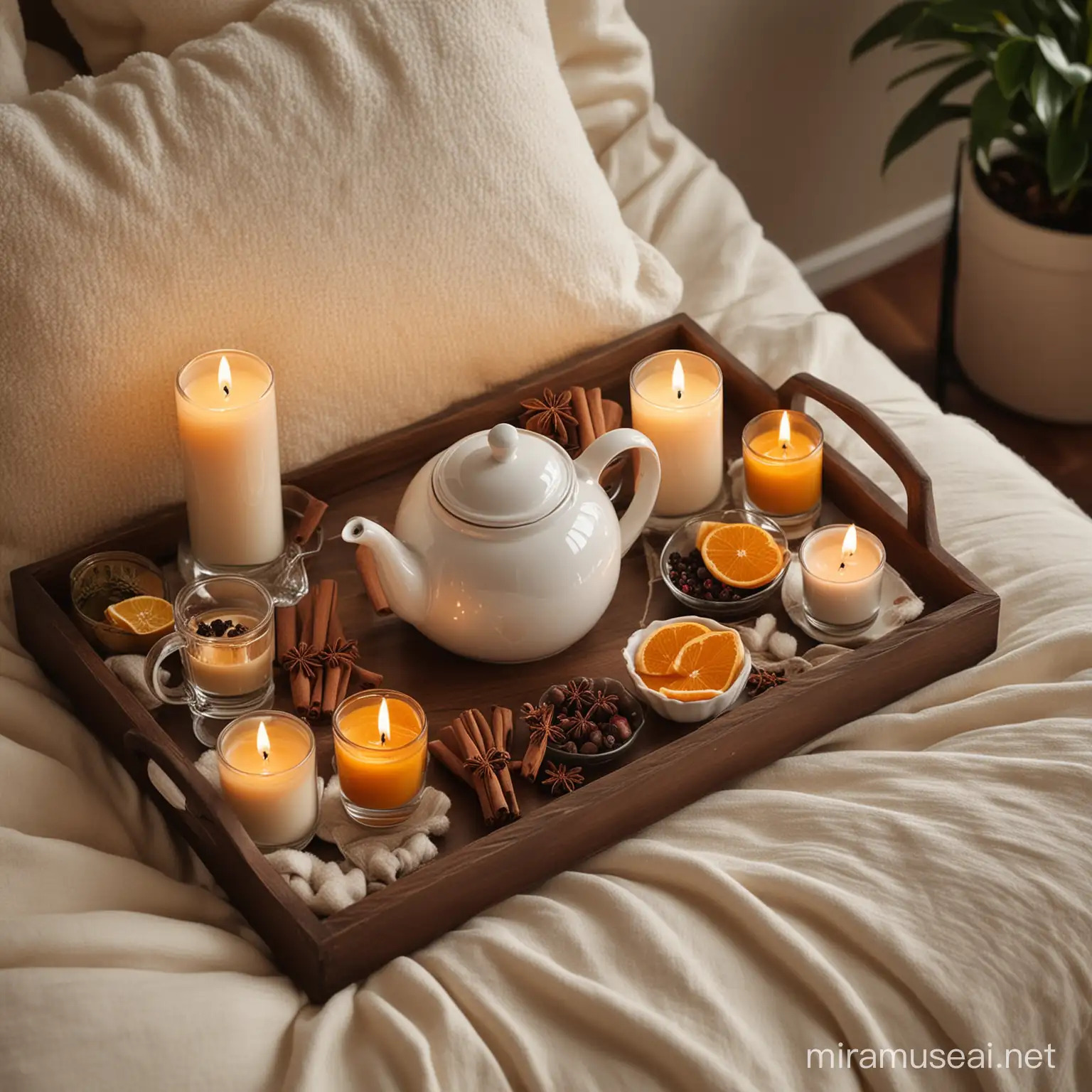 Set up a cozy relaxation scene with a comfortable chair surrounded by plush cushions and flickering candles. Place a tray with a teapot, teacup, and a selection of citrus fruits and spices within reach, inviting viewers to unwind and indulge in the soothing aroma of the national drink.