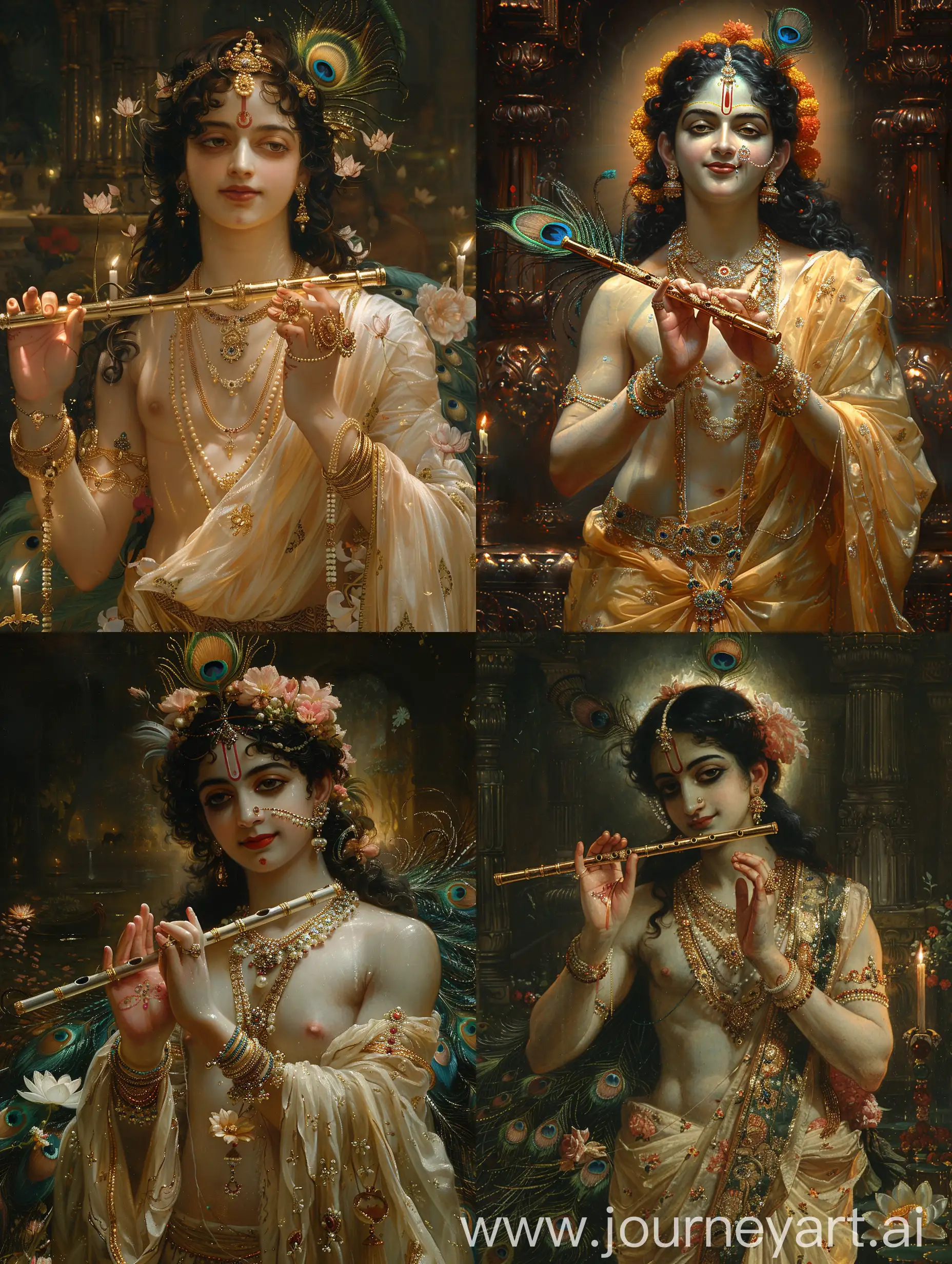  Award-winning majestic portrait of Lord Krishna, divine aura, peacock feather, ethereal glow, enchanting flute, serene smile, ethereal lighting, sumptuous silk robes, intricate jewelry, surrounded by luminescent lotuses, art by Raja Ravi Varma --ar 3:4 --s 750 --v 6