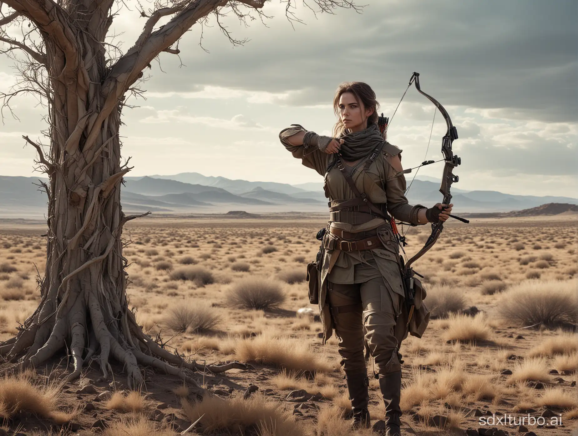 Create a digital art piece that shows a stunning woman in a camouflaged wasteland outfit, hiding behind a tree with a compound bow in her hands. She is in a desolate landscape that appears to have once been a beautiful natural place, but is now a wasteland. Despite the desolation, there is a sense of resilience and strength emanating from her. The woman should have an aura of mystery and agility, ready to spring into action. The landscape should have a wide aspect ratio to capture the vastness of the wasteland.