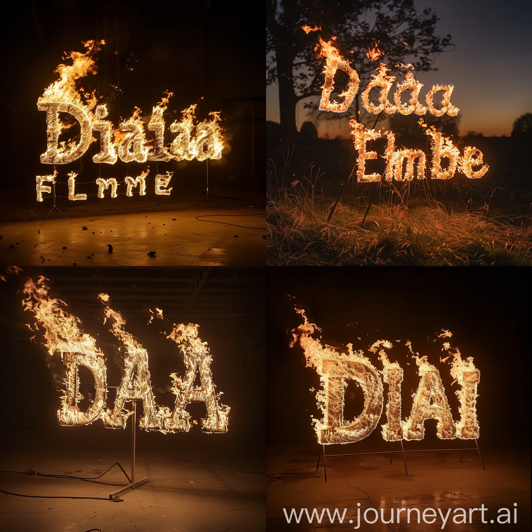 take a picture with letters "Diana Flambe" with fire