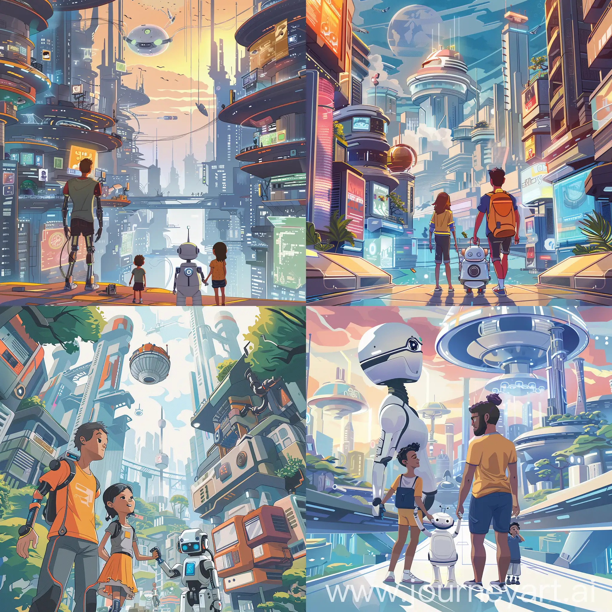 an illustration of a young urban family and their robot exploring a futuristic city 