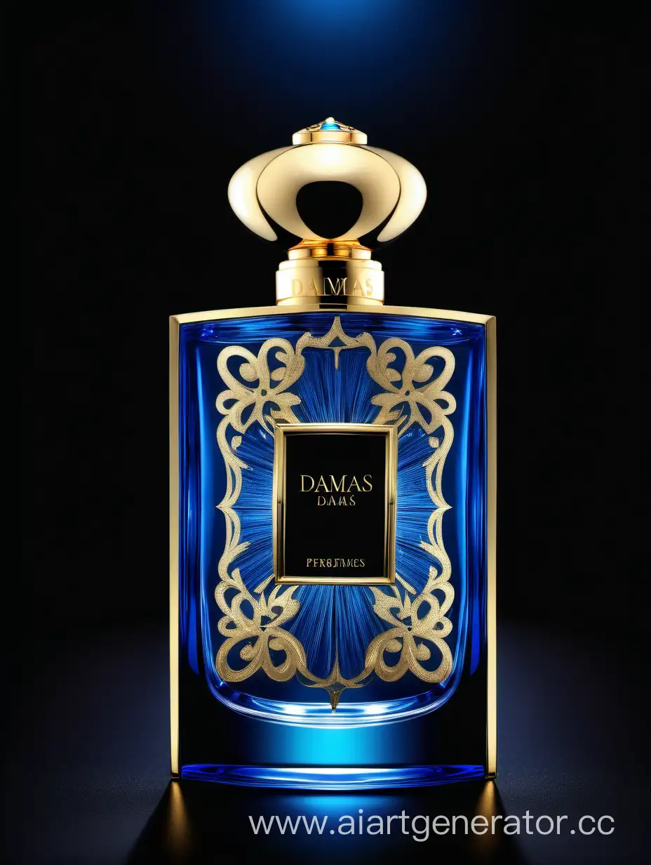 Luxurious-Gold-and-Blue-Perfume-with-Elegant-Damas-Text-Logo-on-Black-Background