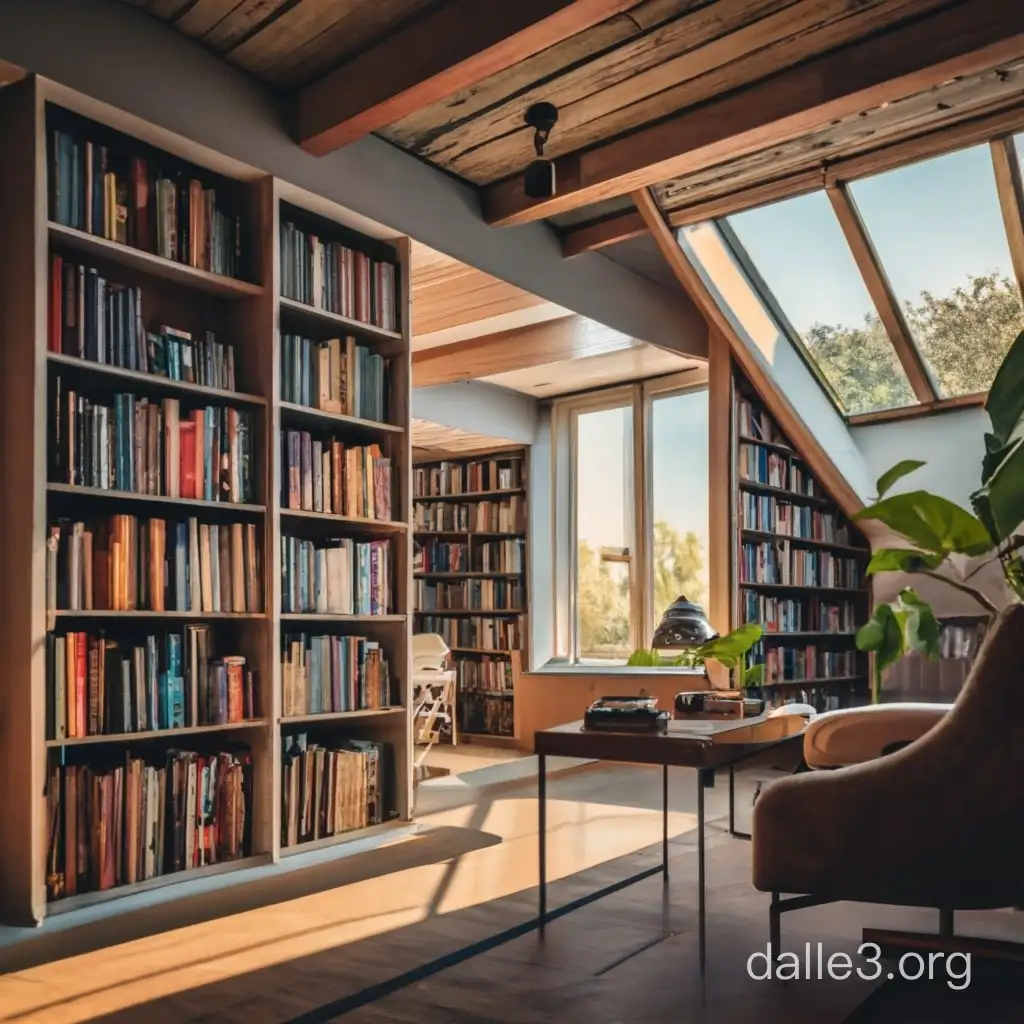 Attic room with big library, golden hour, minimalistic , 