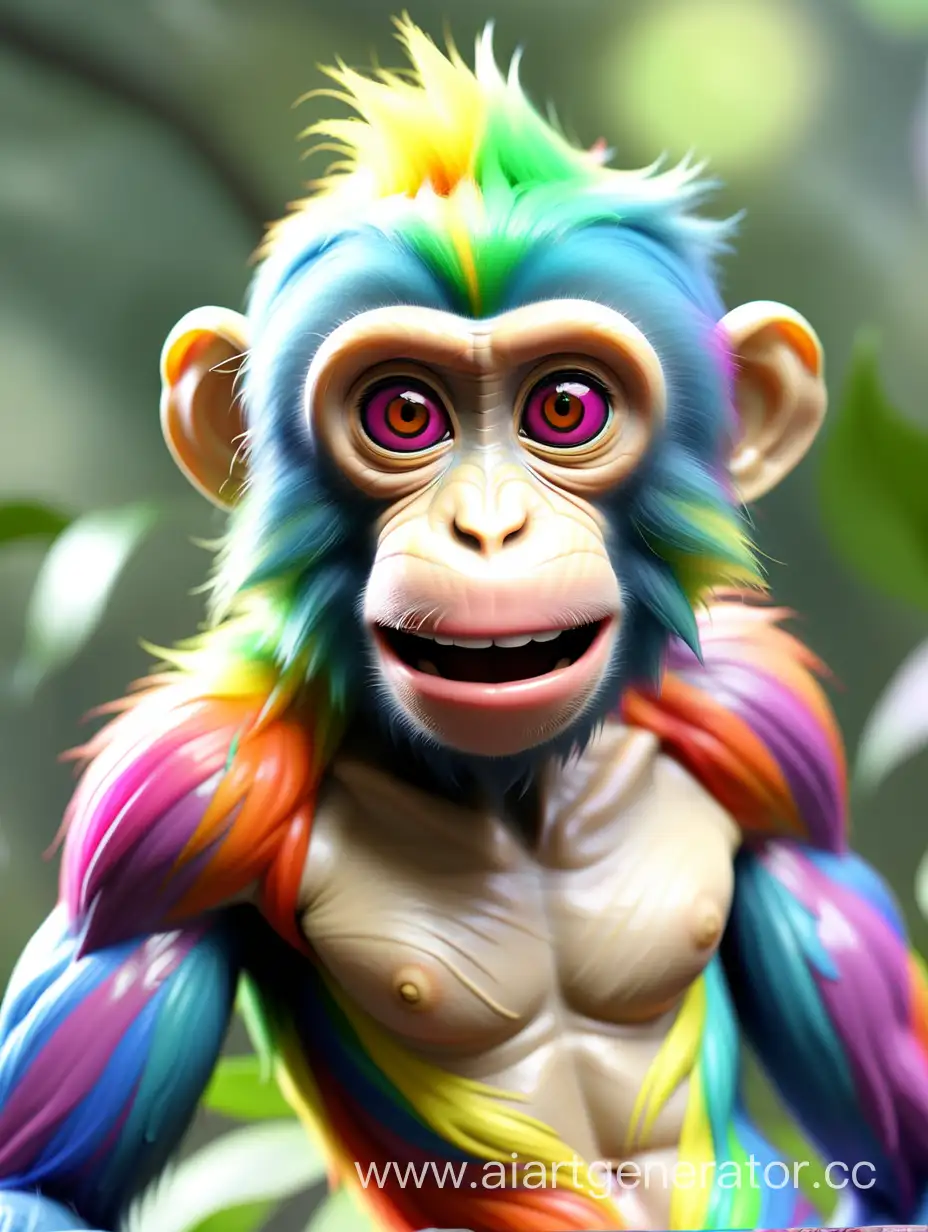 Colorful-Rainbow-Monkey-Playfully-Swinging-in-Tropical-Paradise