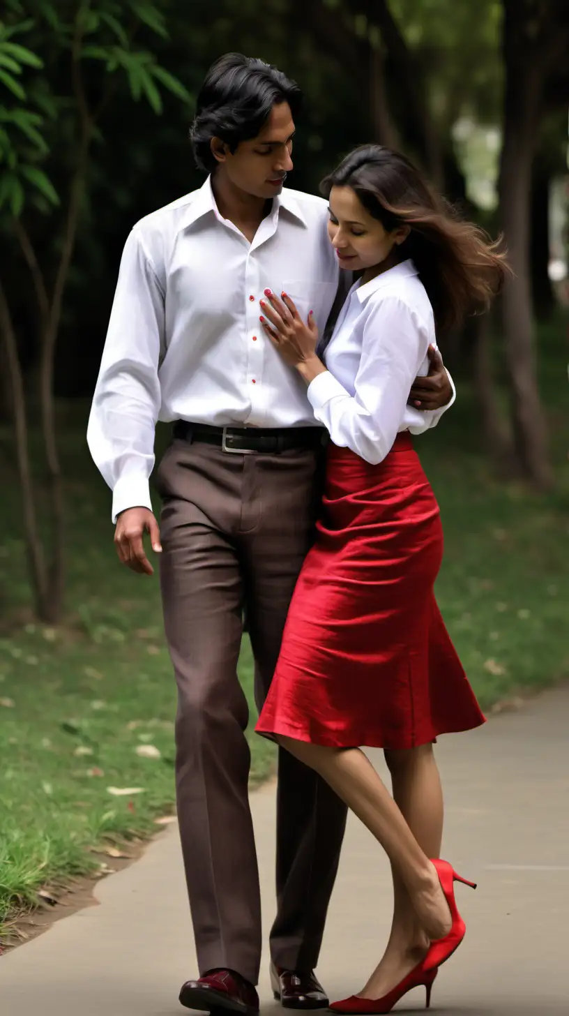 Young  adult Indian Andean man walks lovingly arms in arms with Virgine Ledoyen 1,66m, her head pressed to the man's shoulder, mid length dark brown hair, long sleeved talc white stretch silky satin shirt blouse and red linen pencil short skirt and red pumps in brightly park 