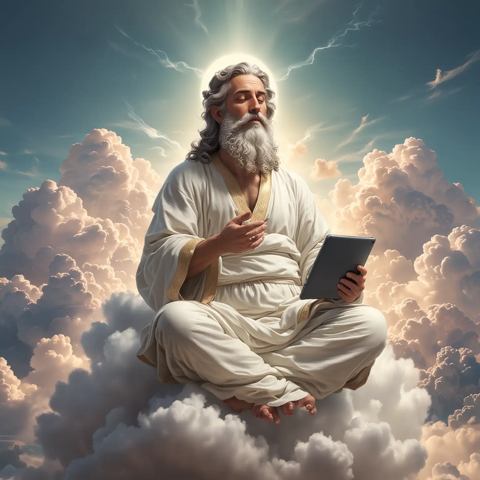 God sitting on the cloud holding a mobile phone and an ipad