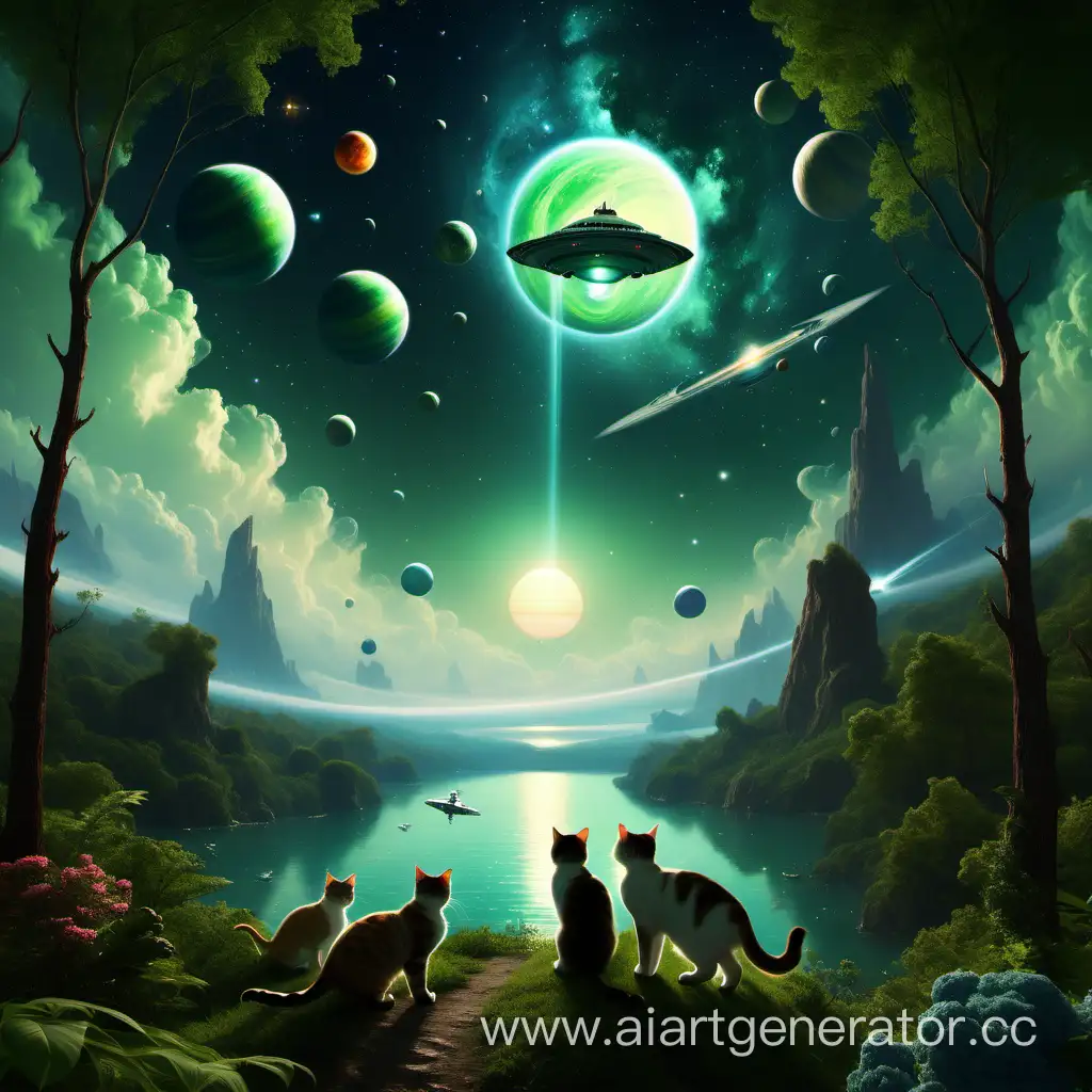 Cats-Frolicking-in-Extraterrestrial-Gardens-Whimsical-Scene-with-UFO-and-Planets