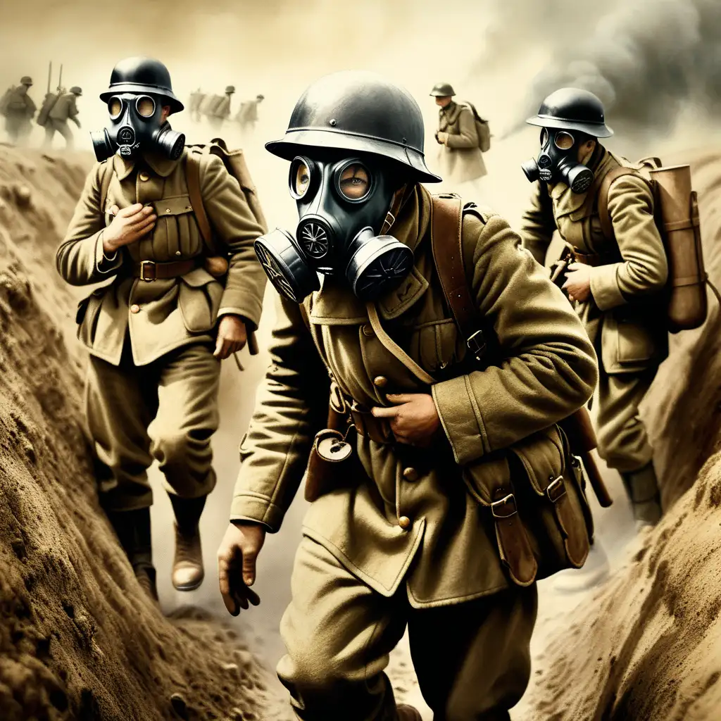 Soldiers in a world war one trench wearing gas mask, vintage style, realistic painting 