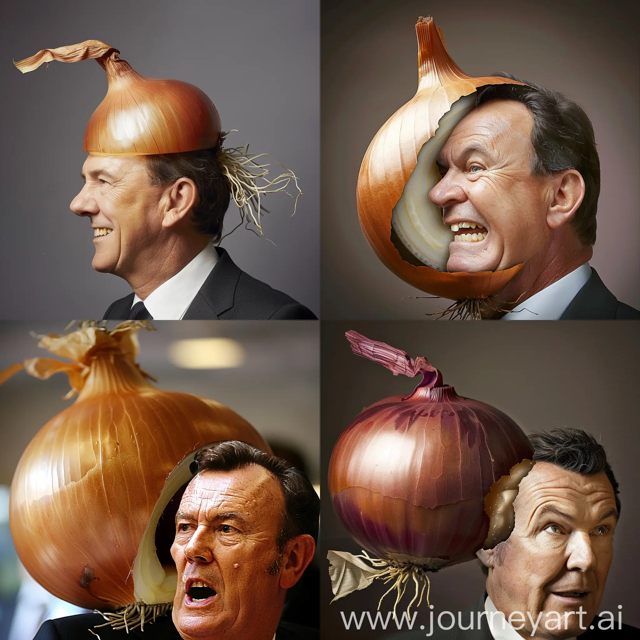 a large anthropomorphic onion biting into the head of politician Tony Abbot, in the style of a newspaper photograph