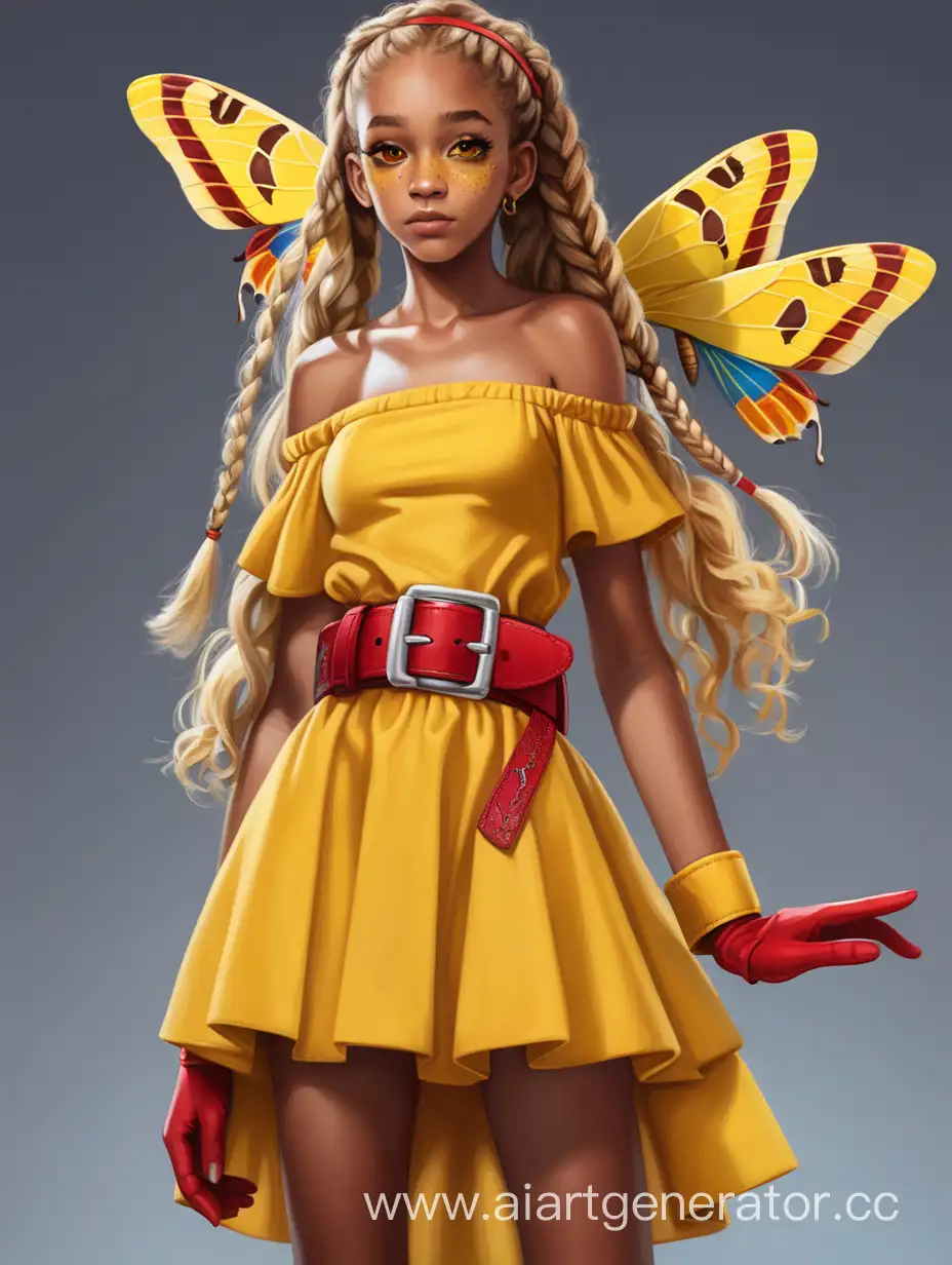 hybrid teenager girl with yellow Venezuelan  Moth, with brown skin, with freckles, with a little red and yellow makeup, with yellow dress take-off shoulder and red belt, with long Fingerless gloves, with blond long hair in braid, full height