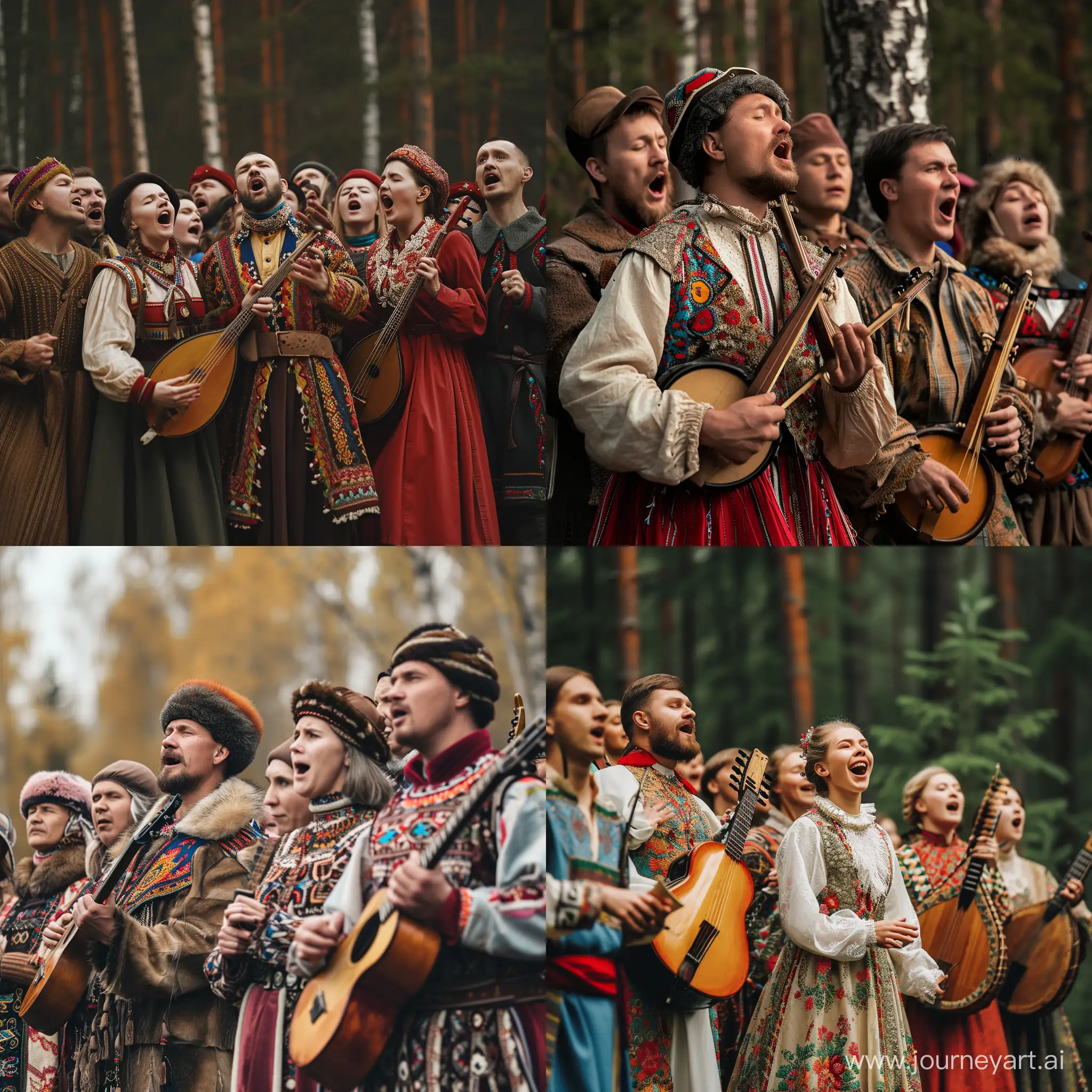 Russians in their traditional clothes, singing their national music with balalaicas 8k, cinematic color grading, with taiga background, depth of field, 16:9