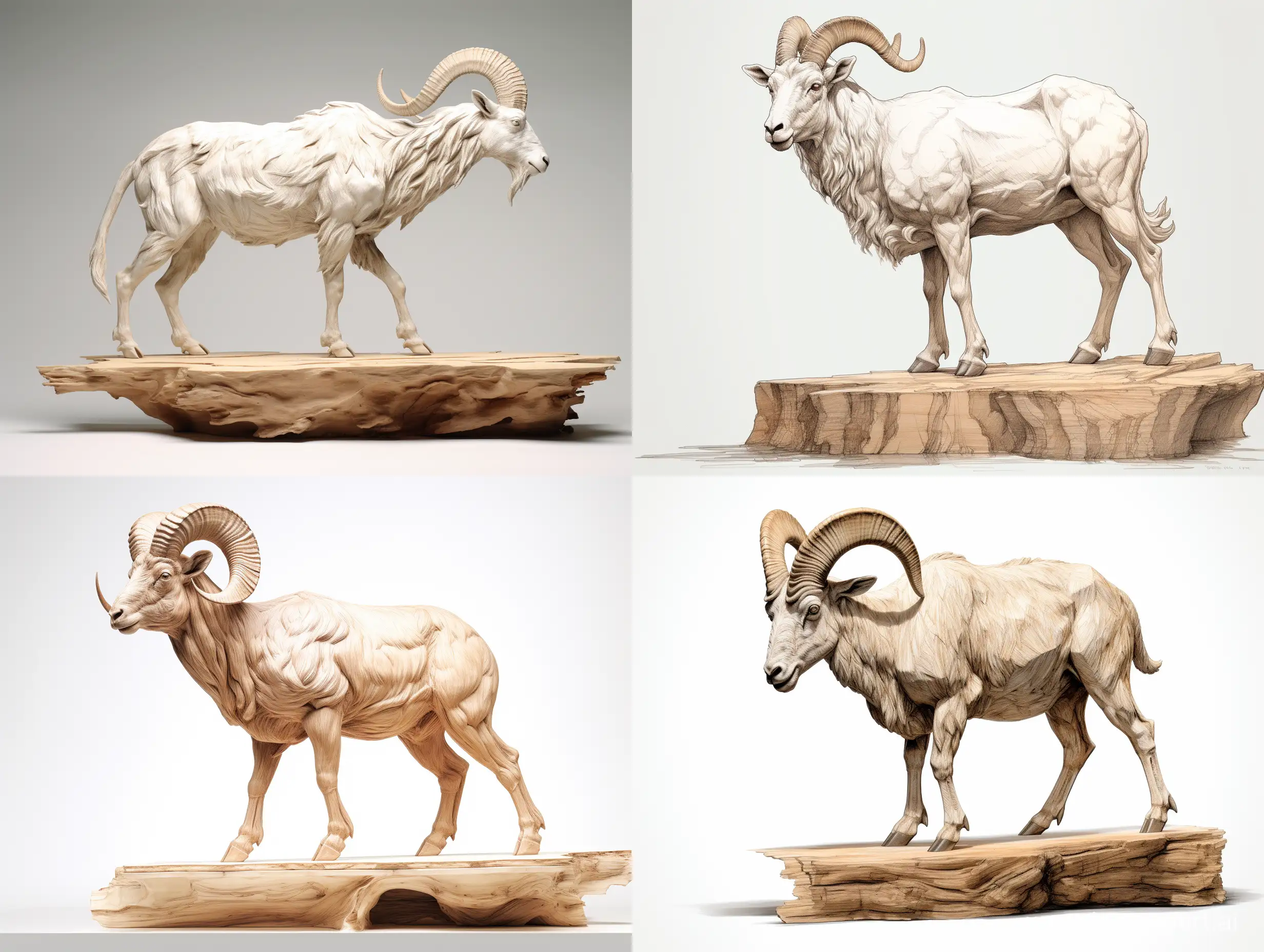Professional sketch for wooden sculpture, a full-length argali standing in profile on a large wooden cube, professional dynamic character, wood carving, ready for battle 3d, white background, 8k Render, ultra realistic