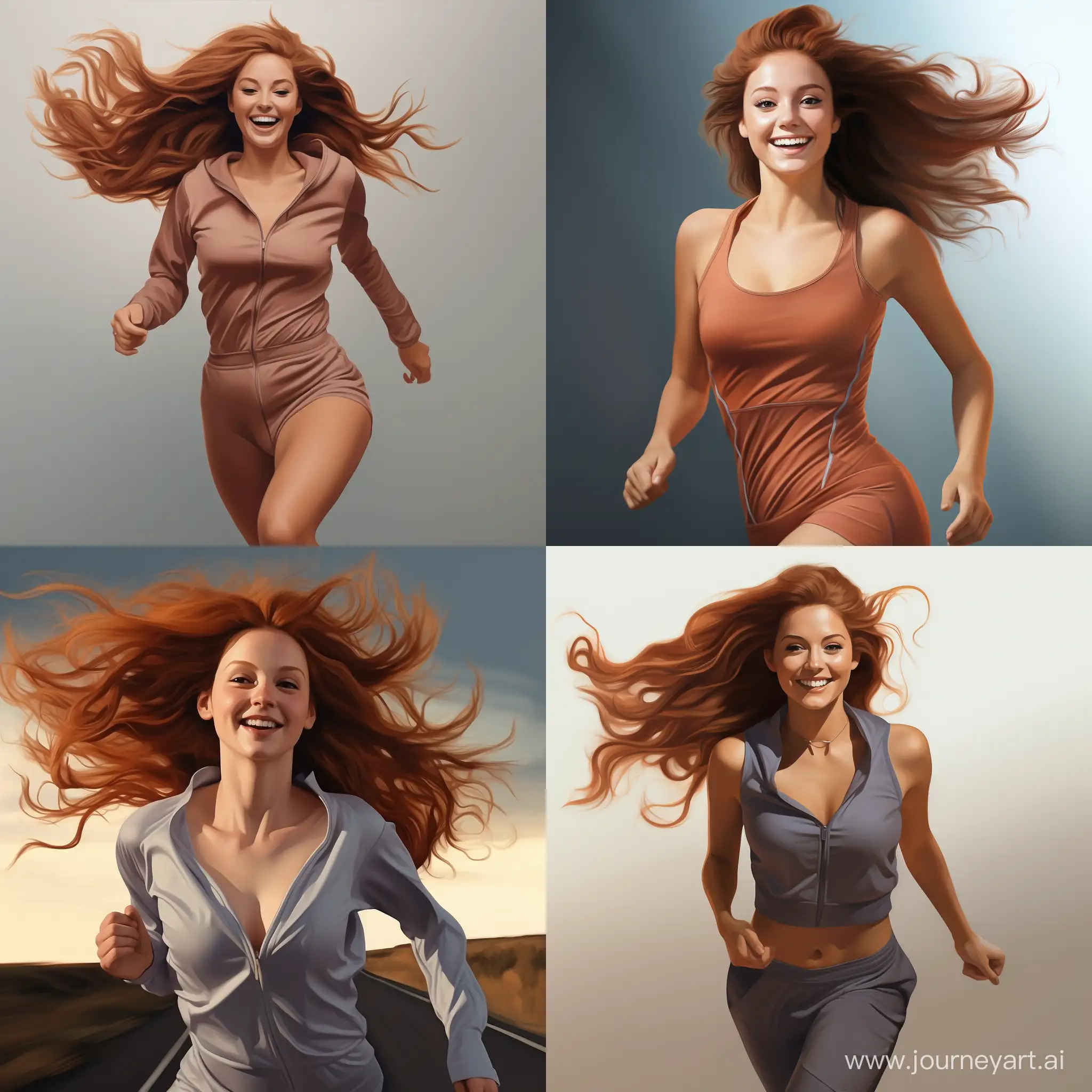 photorealistic image of a girl running. Wearing a jump suit. Long auburn hair. She is smiling. Thin waist, ample chest and strong legs.