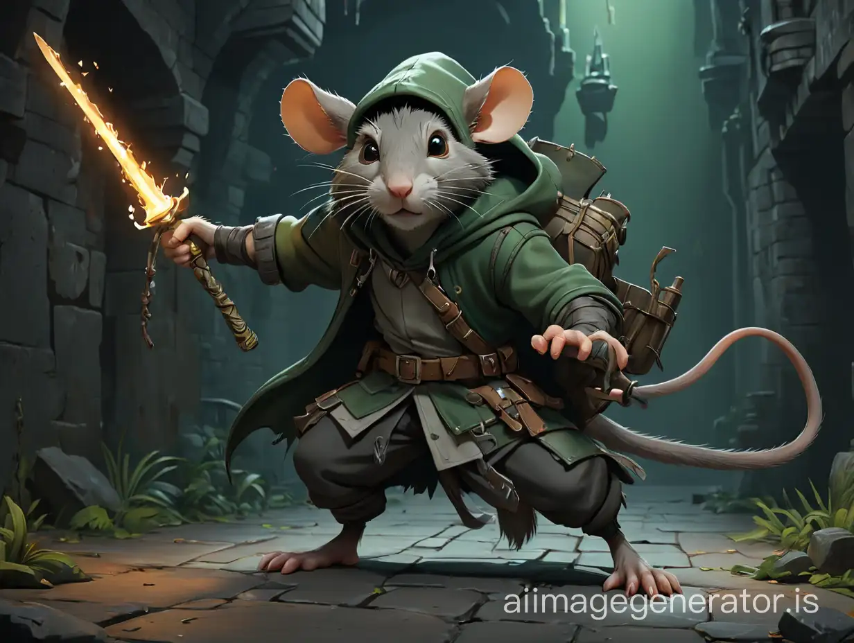 Arknights, ratman, (((Rat))) with a magic musket, rat tail, against the backdrop of a dungeon, dark green tones, ((( in a hood))), juicy