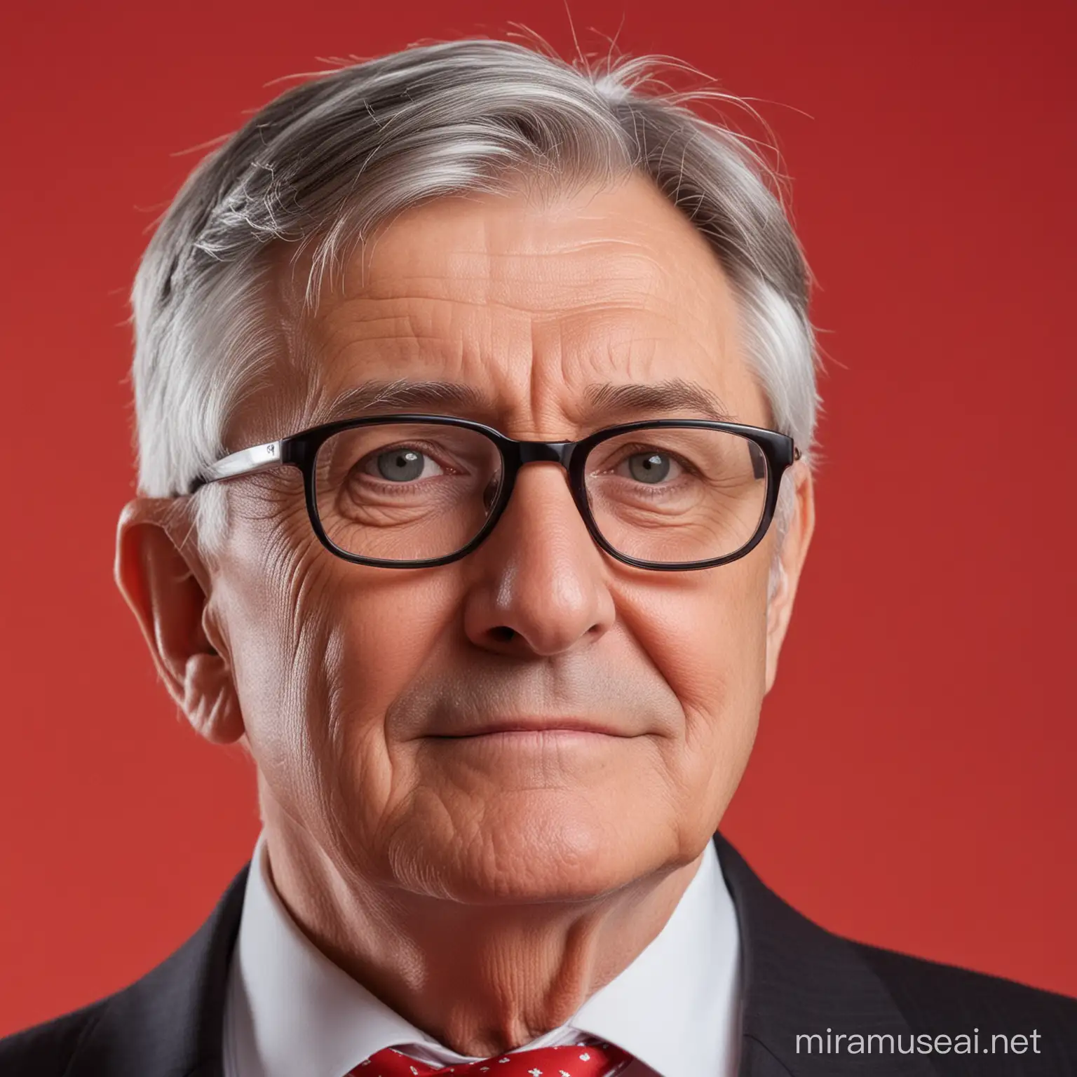 Político hombre de 70 años con pelo gris y gafas  con fondo de color rojo