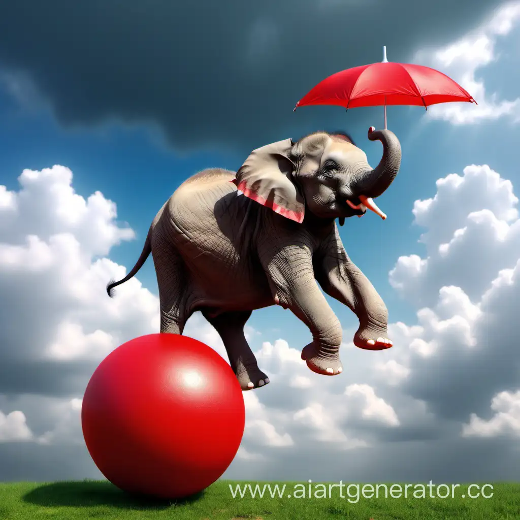 Playful-Elephant-Balancing-on-Red-Ball-with-Umbrella-under-Beautiful-Sky