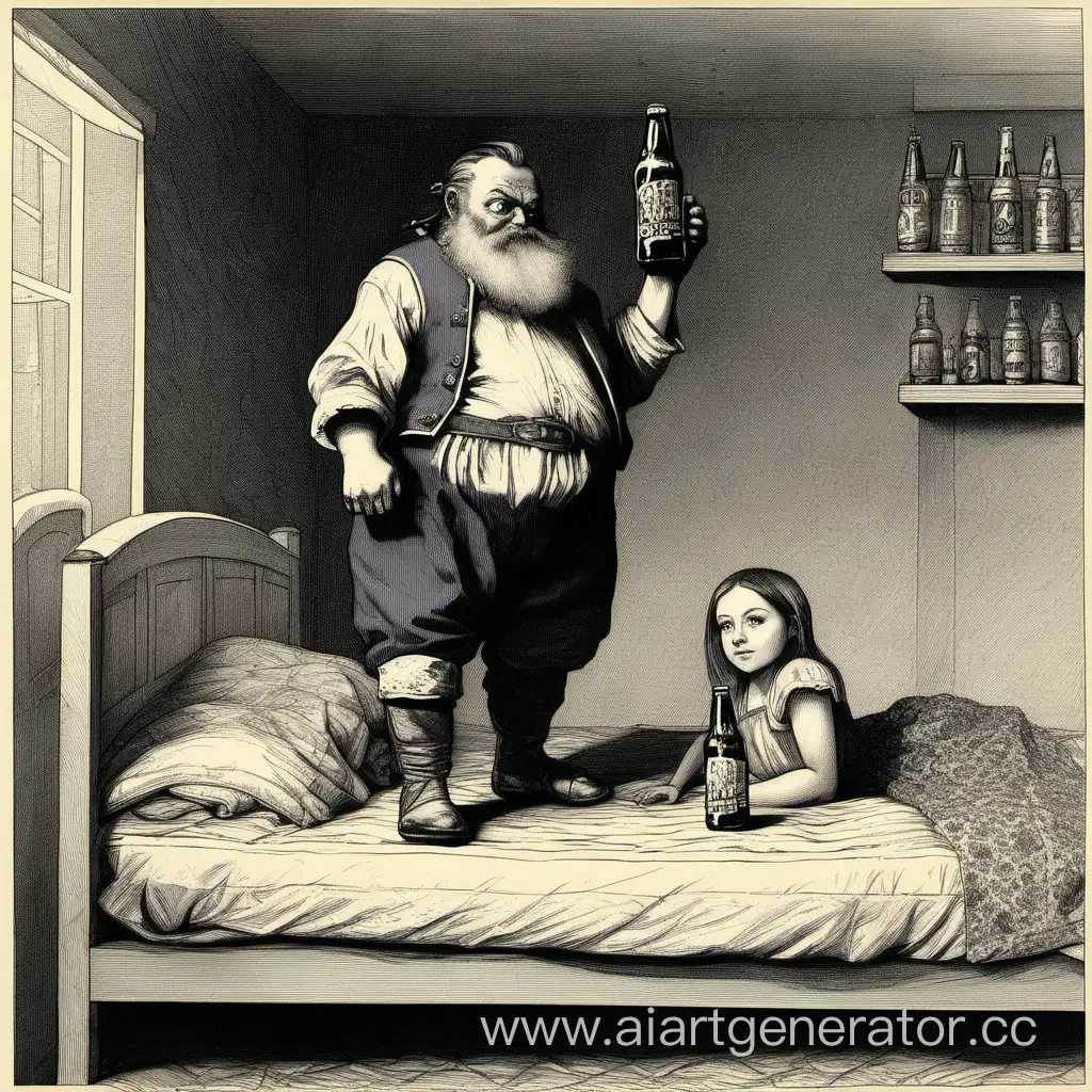 Young-Girl-Delivering-Beverage-to-Sleeping-Dwarf