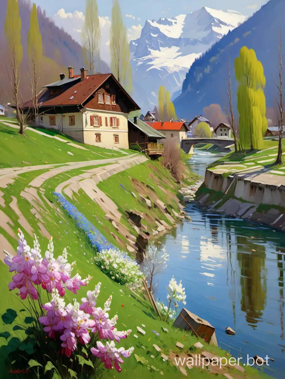 Vladimir gusev Oil painting of a spring Switzerland with one old house from far with flowers and river