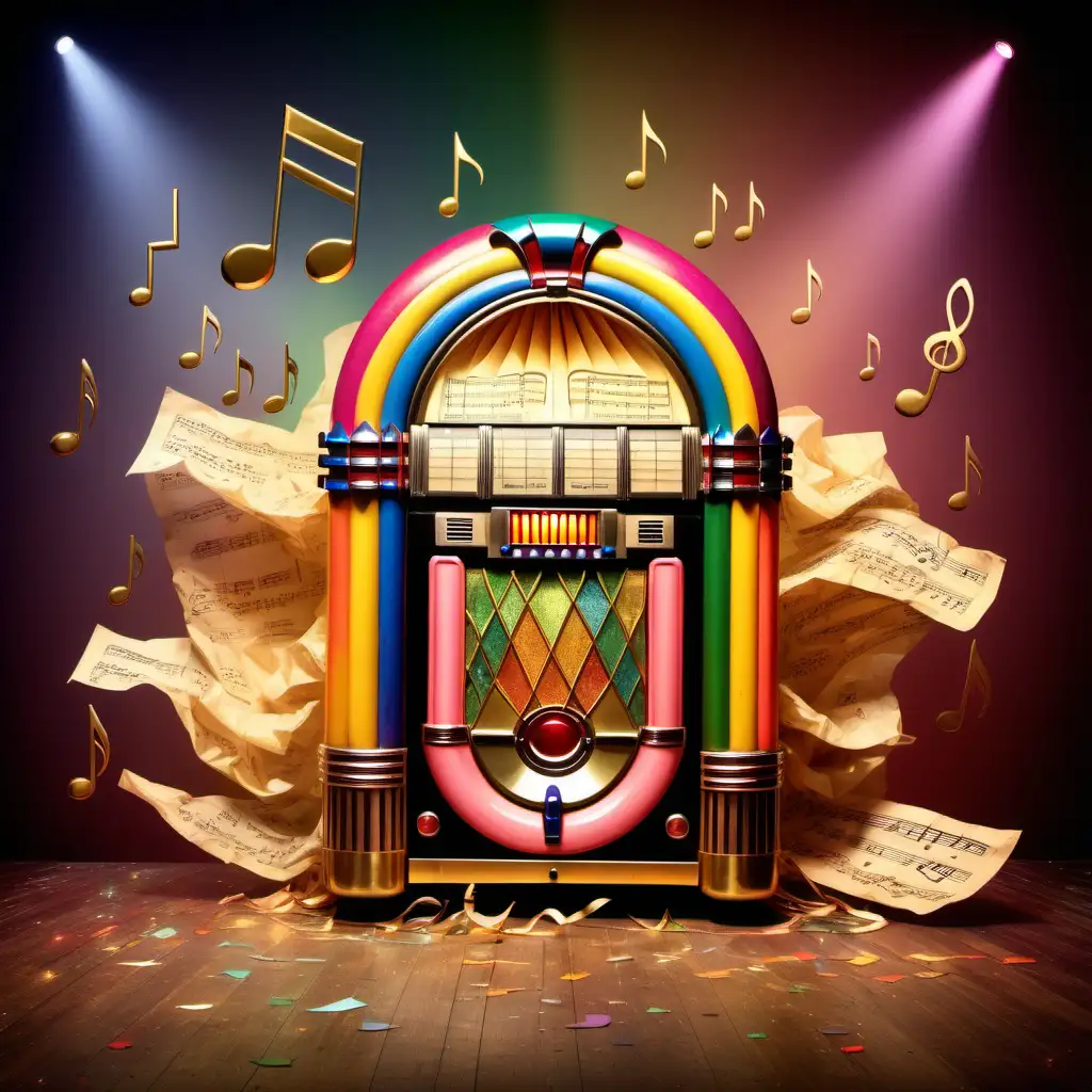 USA Jukebox nation from year 1960 crumpled old vintage gold leaf paper with old music tools, vintage  tall street lights, fading dance floor with disco lights and old musical notes in the corners under a colored rainbow spotlight.
