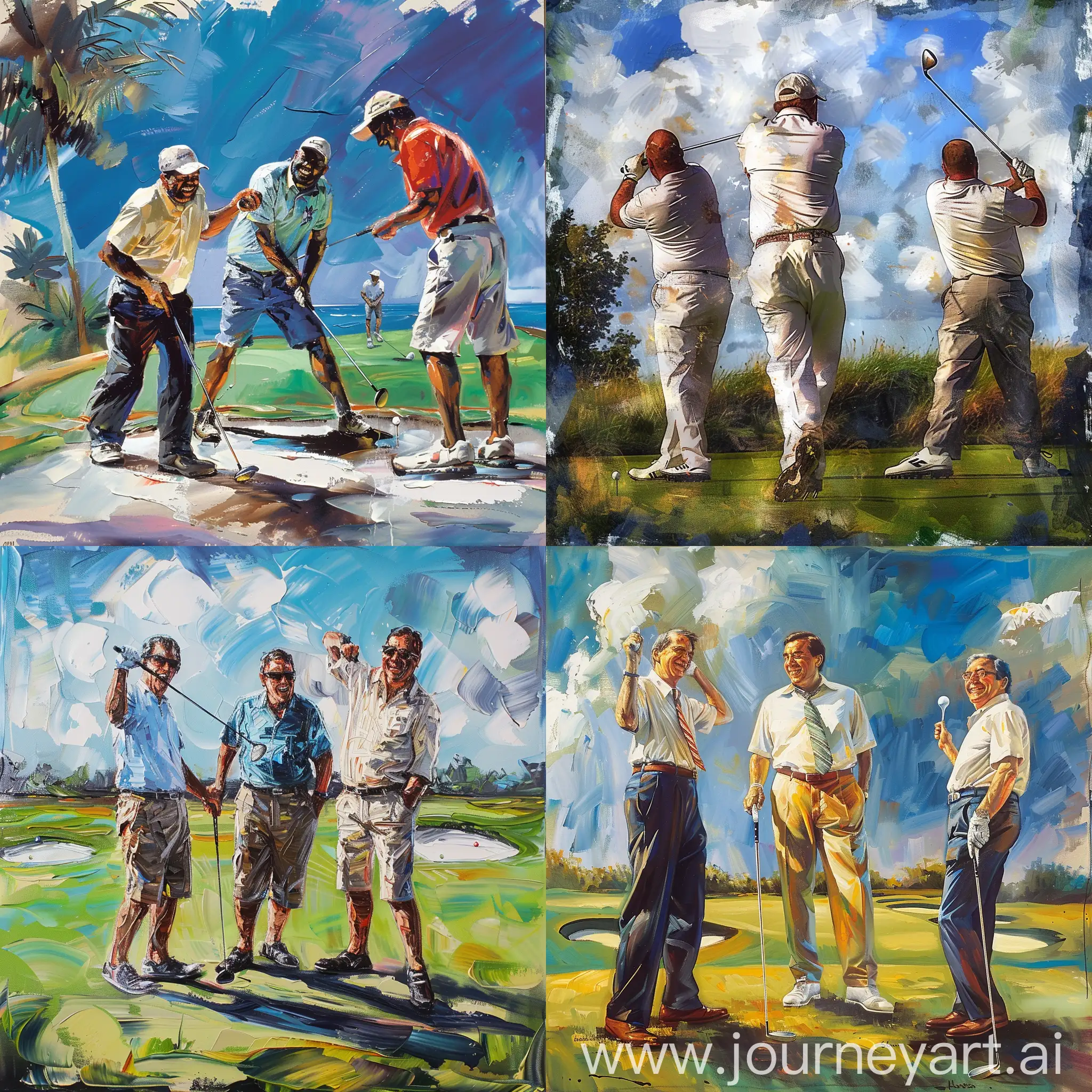 3 VIP bank clients are playing golf and having good time, painting