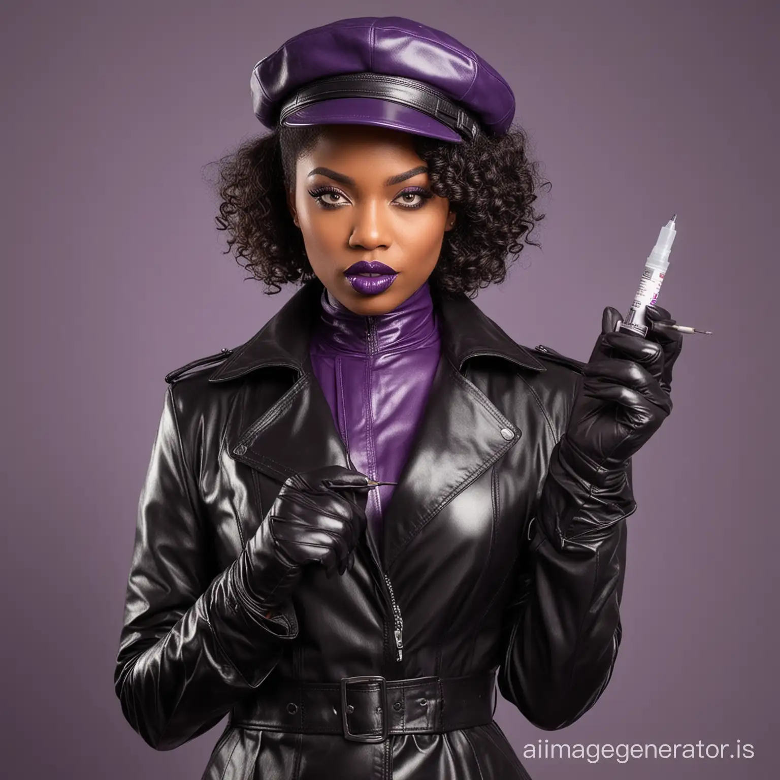 mad scientist black woman in leather gloves, holding syringe, leather trench coat and purple lipstick, leather masters cap