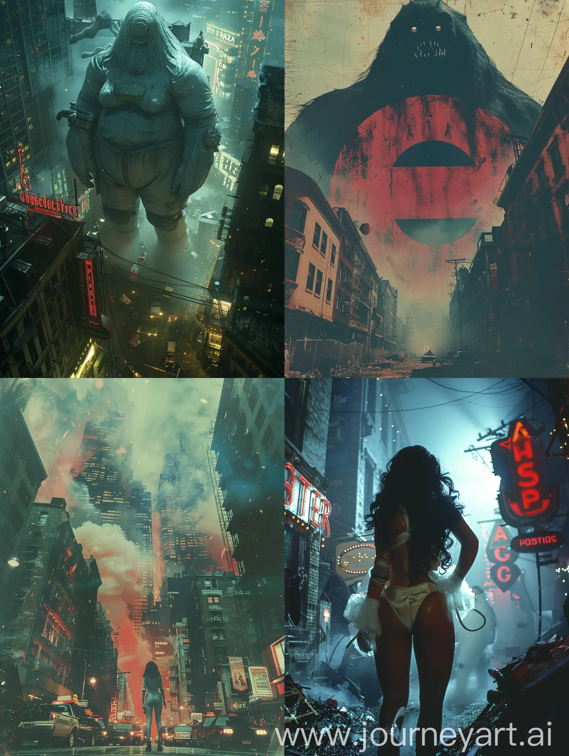 giant woman  whit big tits ghost on buildings, cinematic film still of Ghostbusters, ghost, emphasizing the iconic cyan adn red palette of that era's cinema, fog, and mist to set the mood, Feature,
(masterpiece, best quality), unsettling, dark, spooky, suspenseful, grim, highly detailed <lora:80s_horror_poster_style:1>, shallow depth of field, vignette, highly detailed, high budget, bokeh, cinemascope, moody, epic, gorgeous, film grain, grainy --style raw --stylize 750