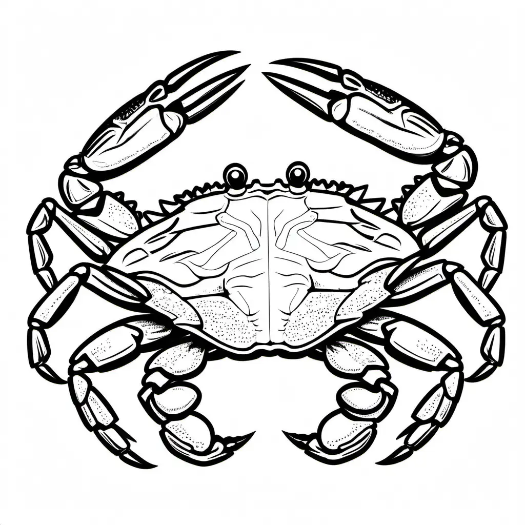 Maryland Blue Crab, Coloring Page, black and white, line art, white background, Simplicity, Ample White Space. The background of the coloring page is plain white to make it easy for young children to color within the lines. The outlines of all the subjects are easy to distinguish, making it simple for kids to color without too much difficulty