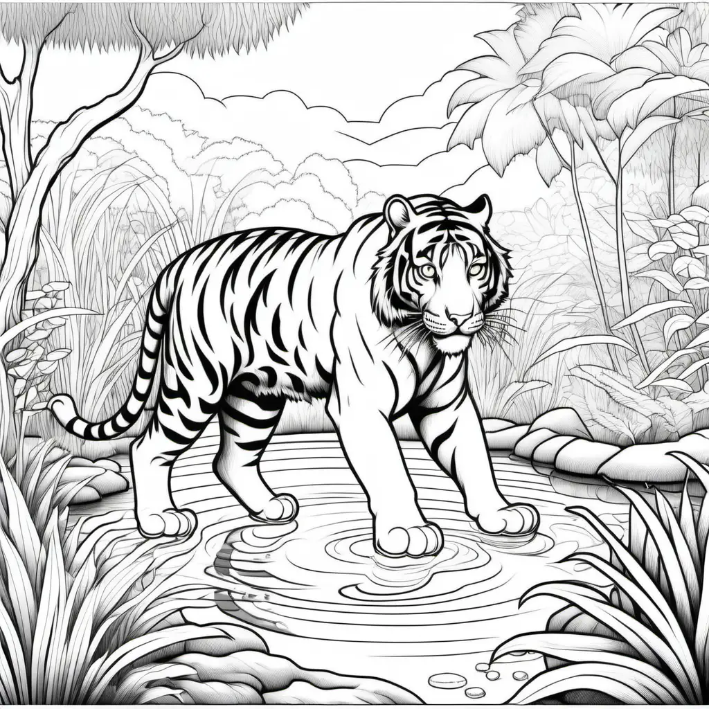 Tiger Coloring Page in Serene Garden Setting for Kids