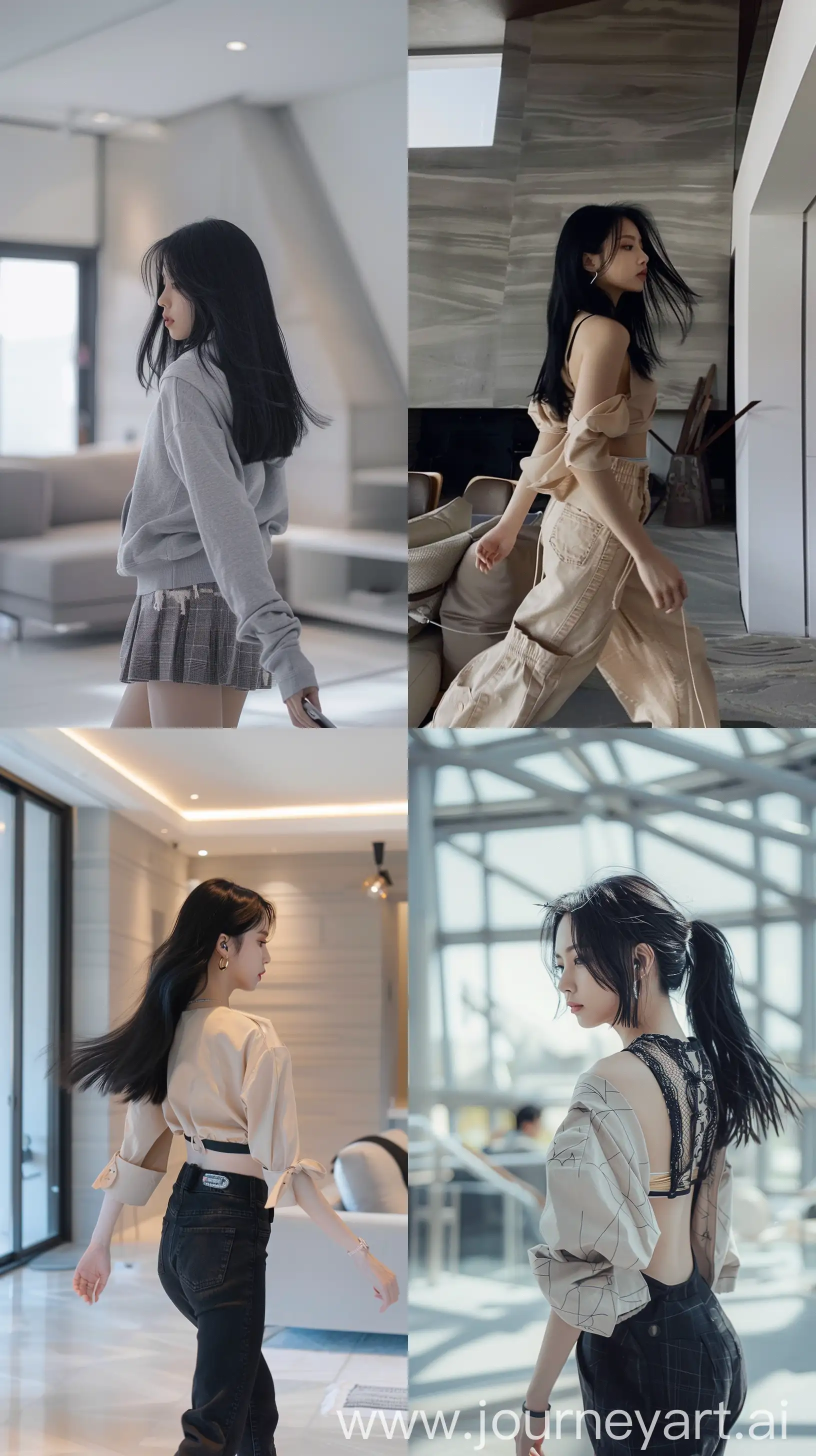 a aestethic casual phone photo, blackpink's jennie, black hair, wearing cute clothes, walking inside modern room, back body, profile --ar 9:16
