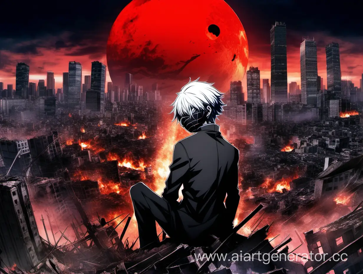 Канеки Кен из Токийский гуль сидит на фоне разрушенного города. За его спиной поднимается красная луна. Город пылает огнём.