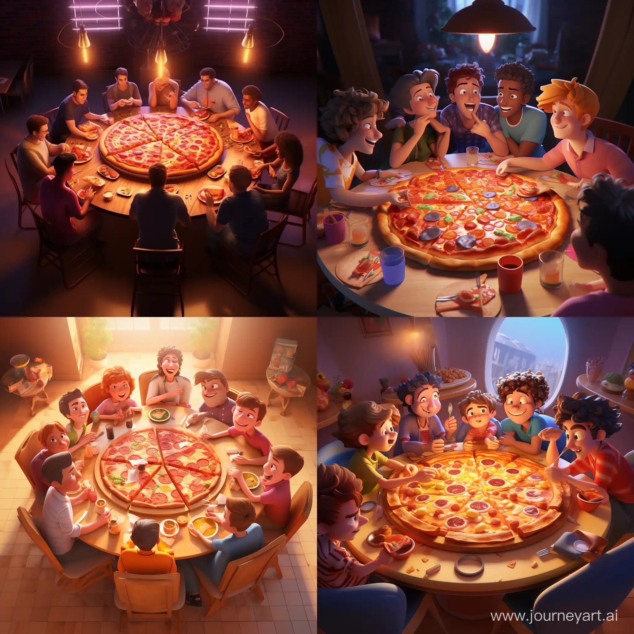 A group of people sitting around a round table eating a huge pizza. 3D animation 