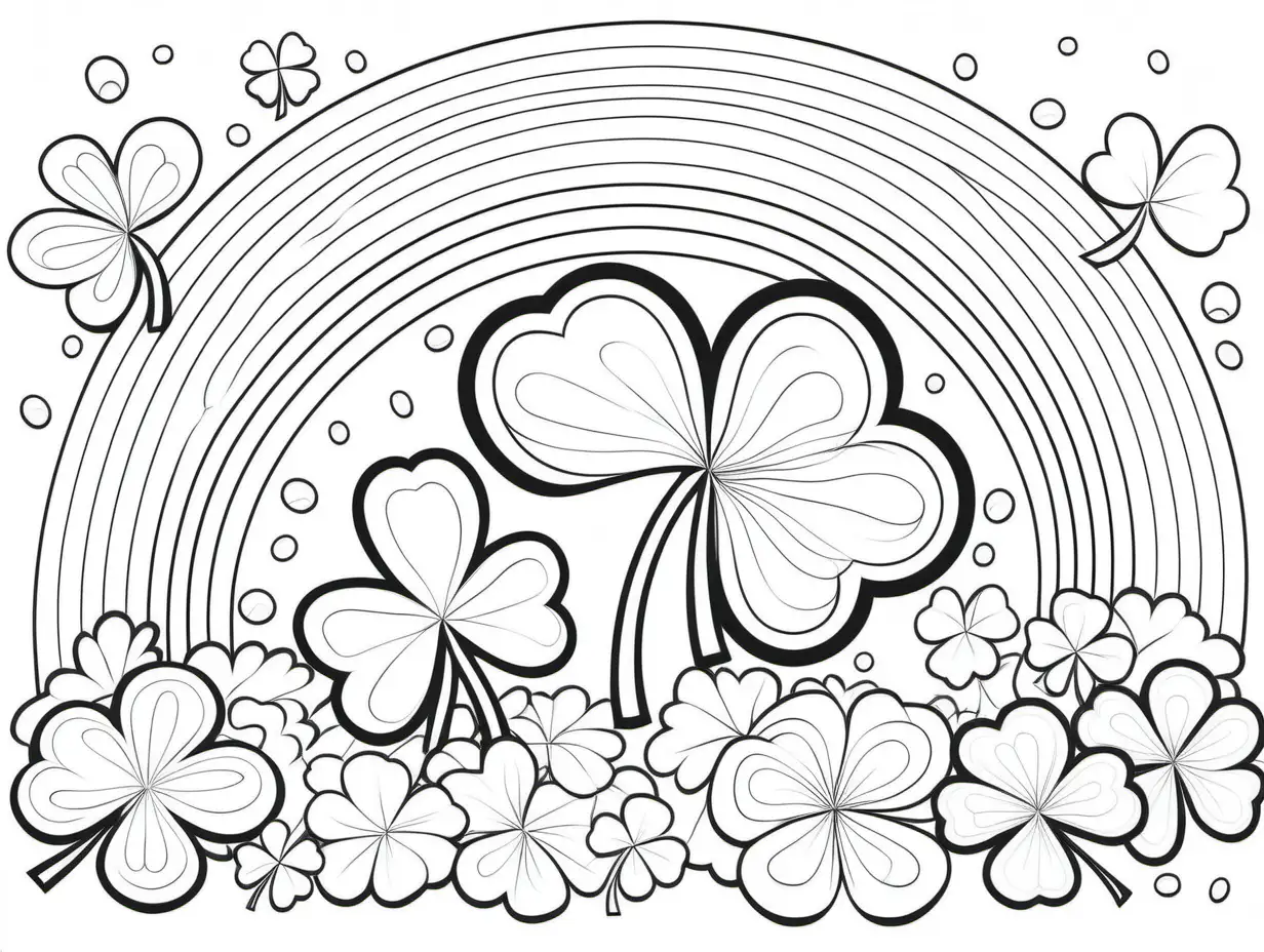 coloring page for children simple in design thick 
 lines black and white, clover a rainbow lucky charms