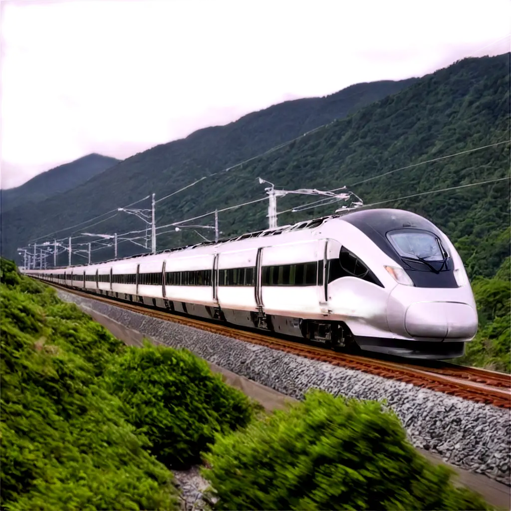 bullet train on track surrounded by mountains