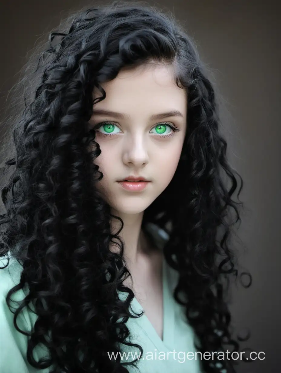 Enchanting-Portrait-of-a-Girl-with-Long-Black-Curls-and-SquareGreen-Eyes