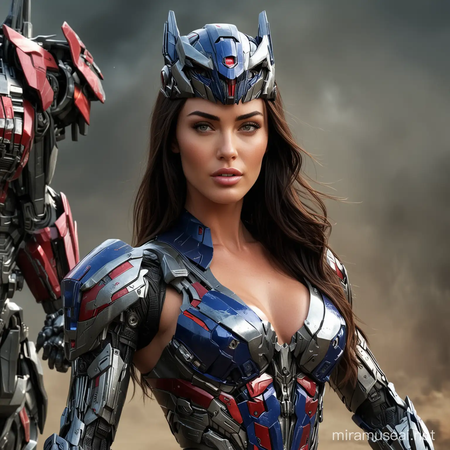 Megan fox wearing a transformers optimus prime's armour with helmet , full body potrait, beautifull eyes, beautifull face, muscular body ,immersive huge breast, downblouse, soft light, morning, war background, sexy body , hyper realistic, epic realism, 4k