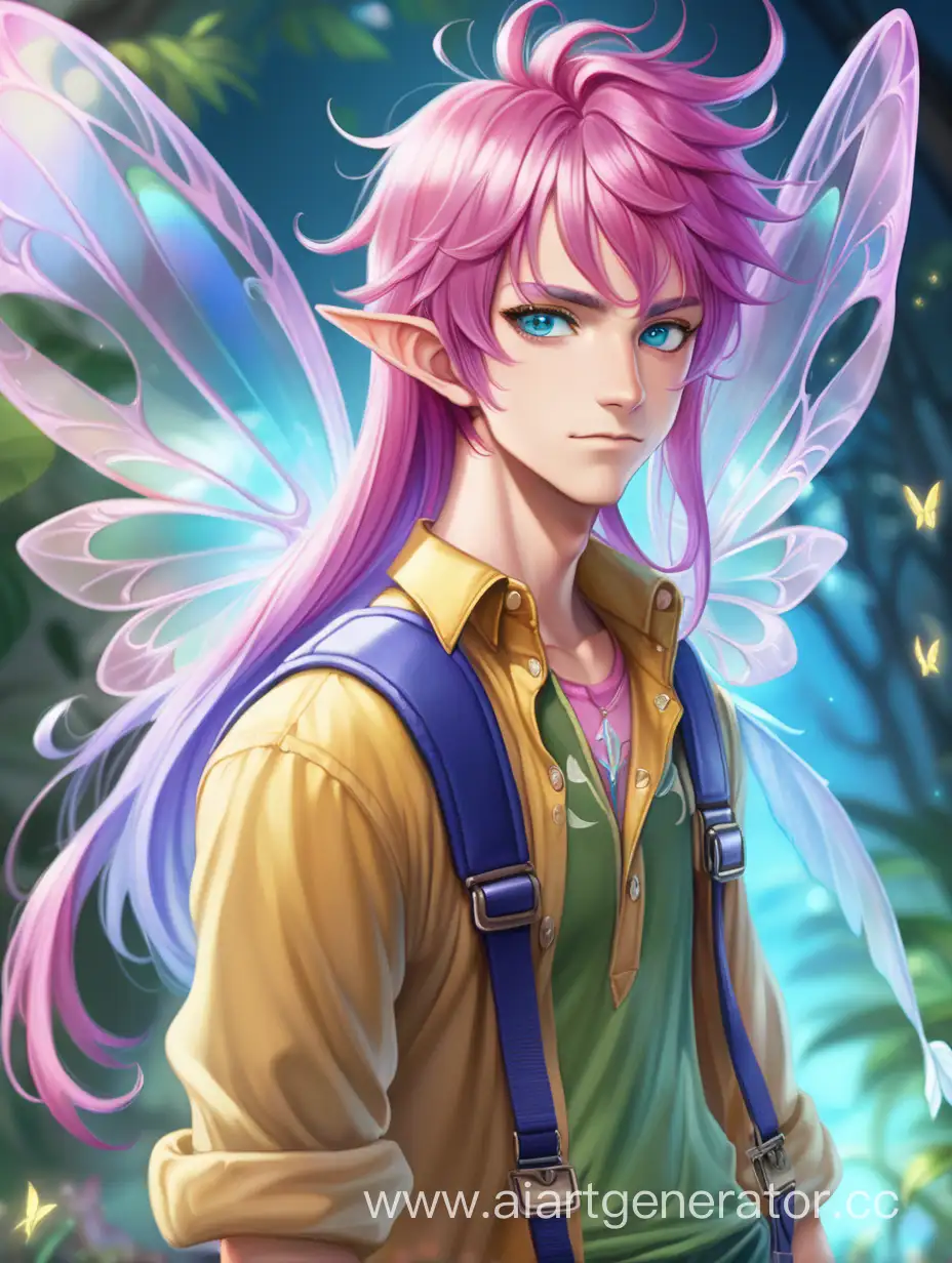 Молодой парень с прозрачными крыльями феи за спиной длинными розово-фиолетовыми волосами синими глазами заострёнными ушами в жёлтой рубашке и зелёных штанах