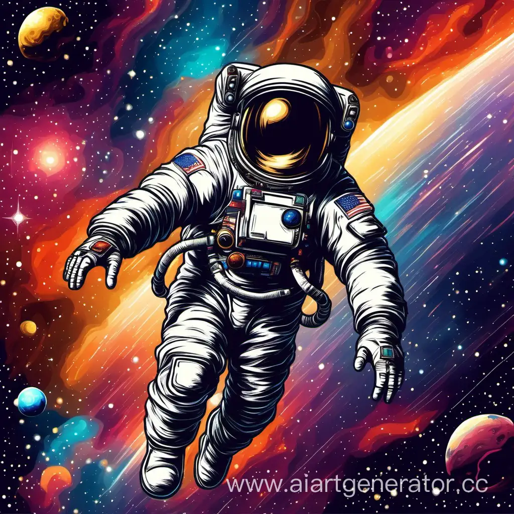 Космонавт летит в скафандре на фоне разноцветного космоса 