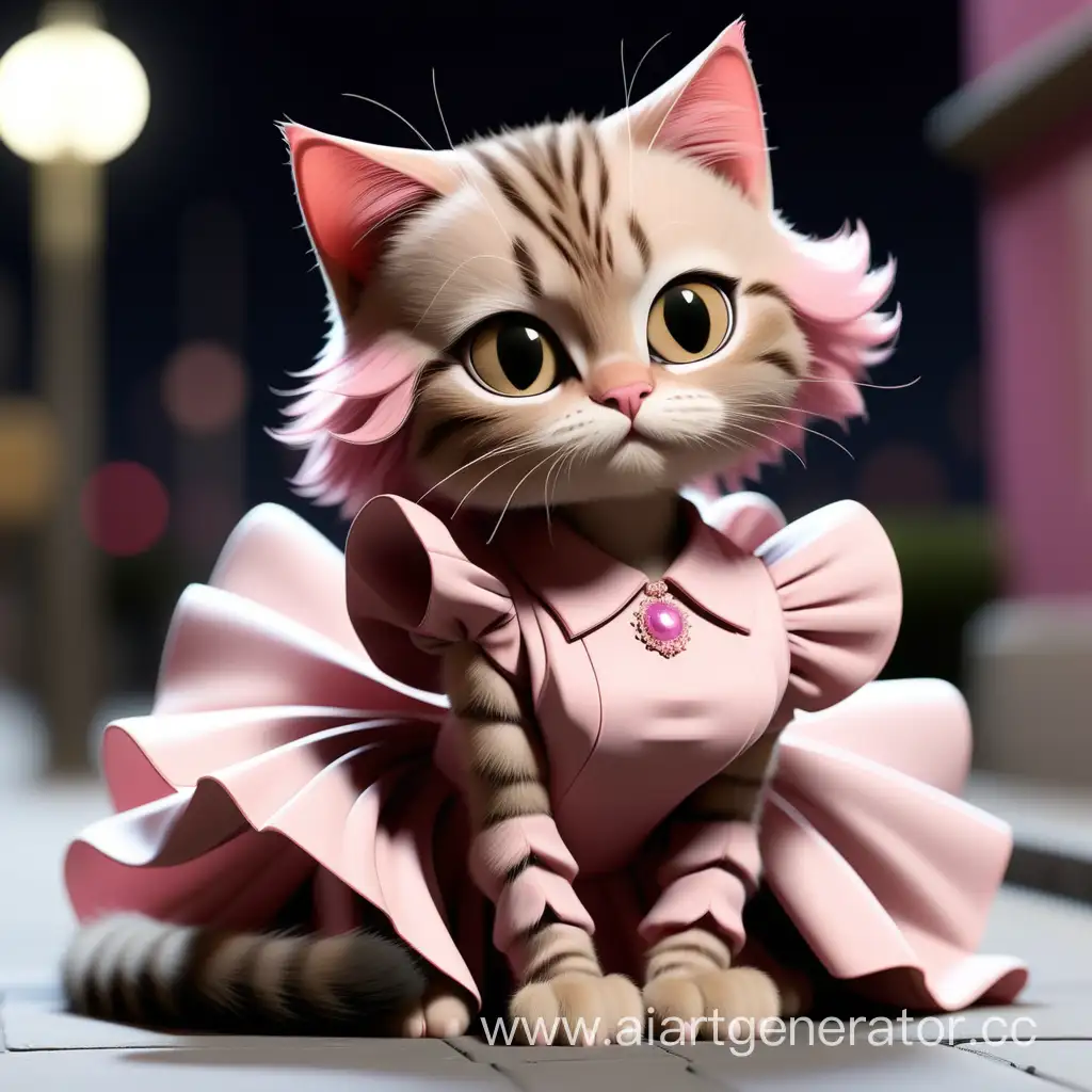 Adorable-Brown-LongHaired-Kitten-in-a-Stylish-Pink-Evening-Dress