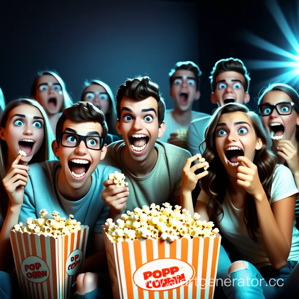 Группа молодежи сидят смотрят кино, экран телевизора светит на из лица, люди едят поп-корн, улыбаются, спорят.