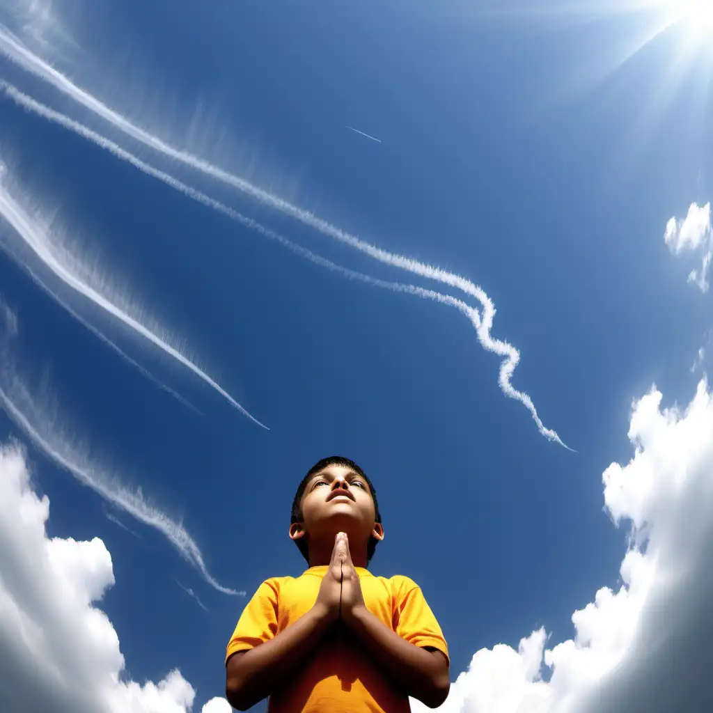 Worm's Eye View: of kids praying to the skies thats cloudy and ranning