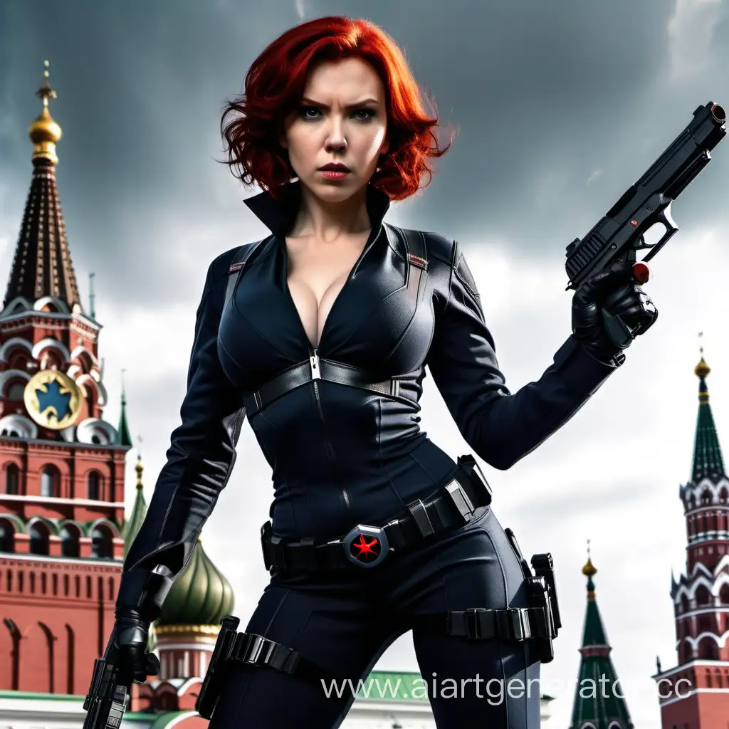 Черная Вдова из Марвел С рыжими волосами, большими титьками и двумя пистолетами на фоне Кремля по пояс