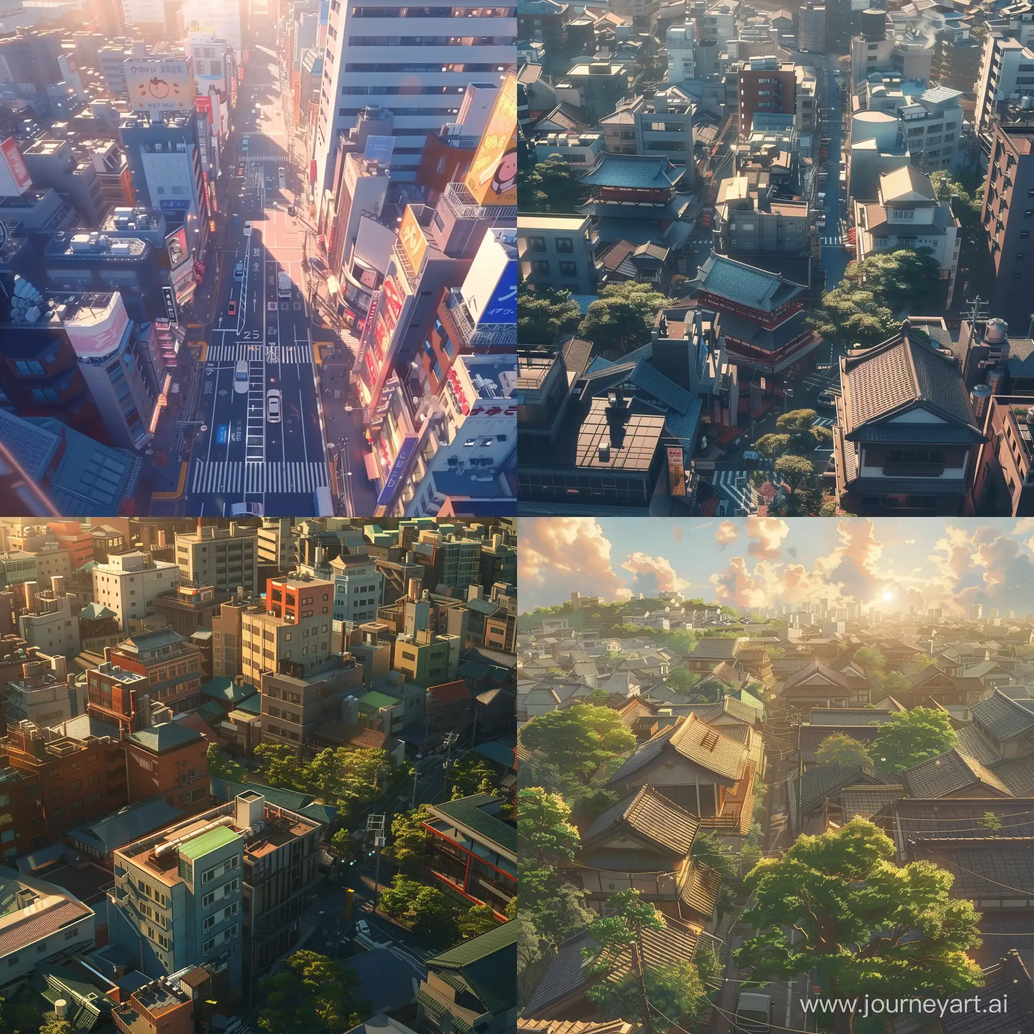 A top or a Drone shot of a Japanese City in anime style Daylight
