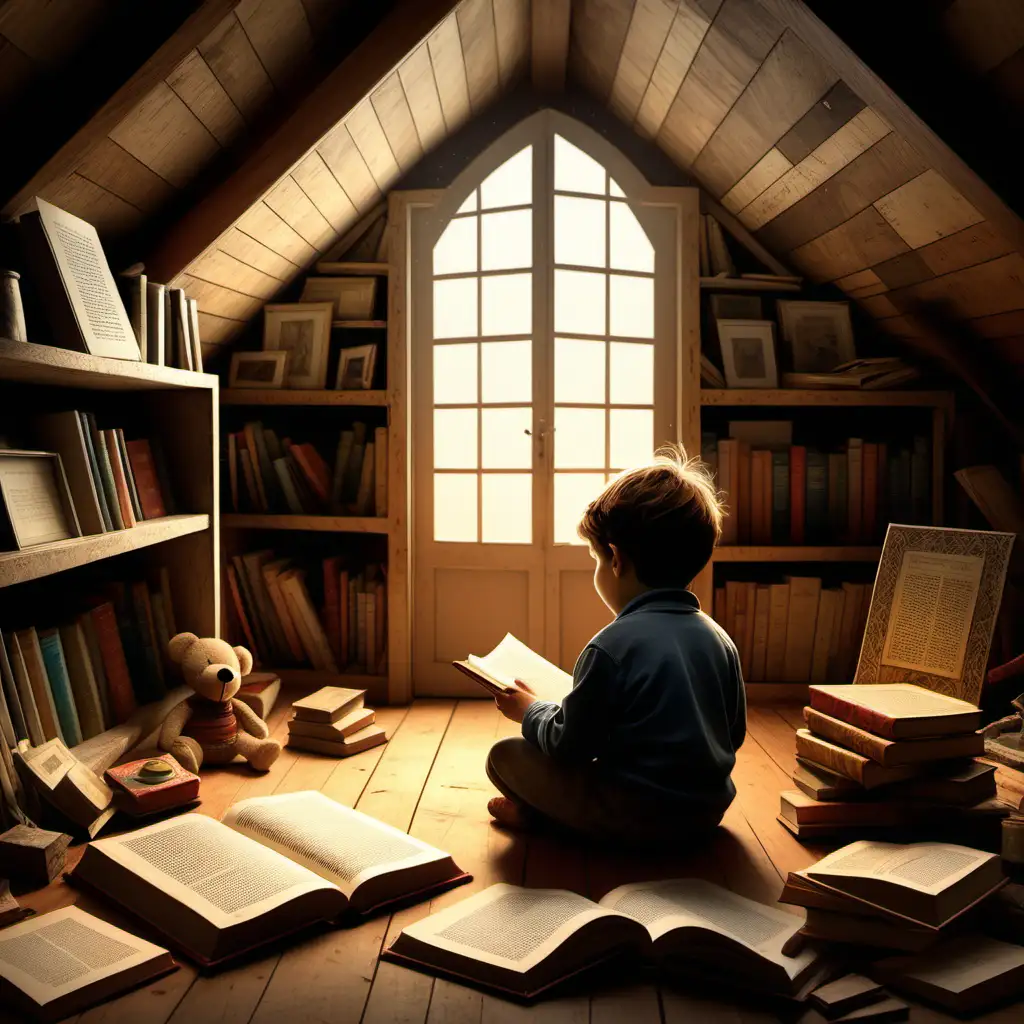 Create me an illustration of a child discovering a book in his grand mothers attic called "The Creator, The Son & Me"