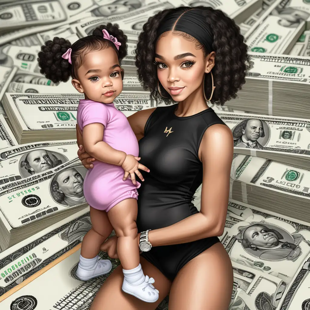 create pretty black lightskin girl with baby and millions of dollars