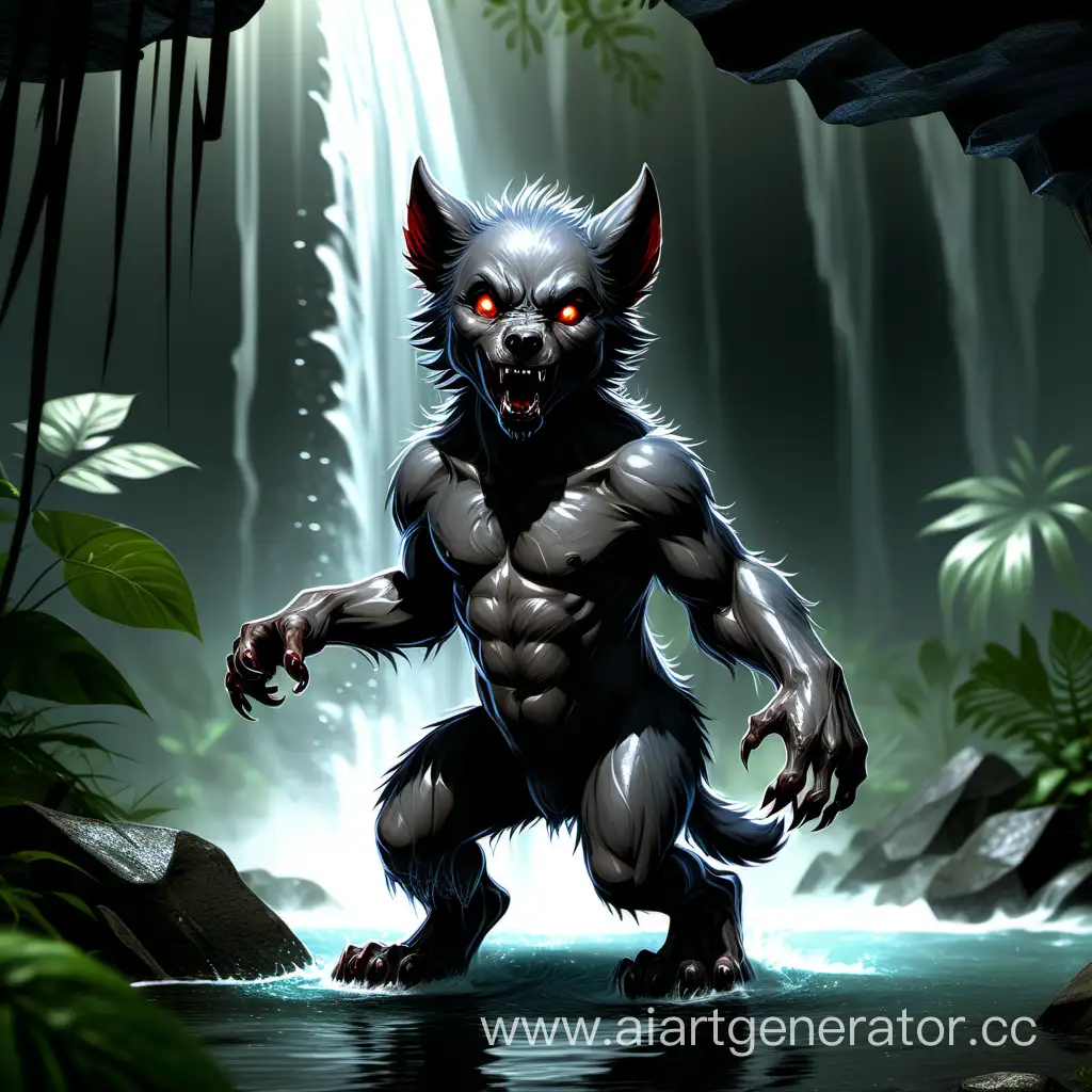 werewolf cub, under a waterfall, in a jungle,
fullbody
