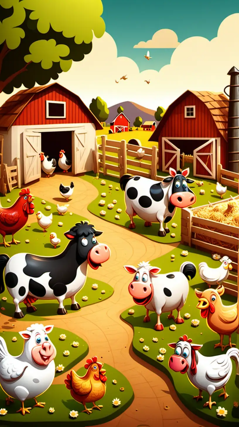Cartoon Farmyard Animals in a Cheerful Countryside Scene