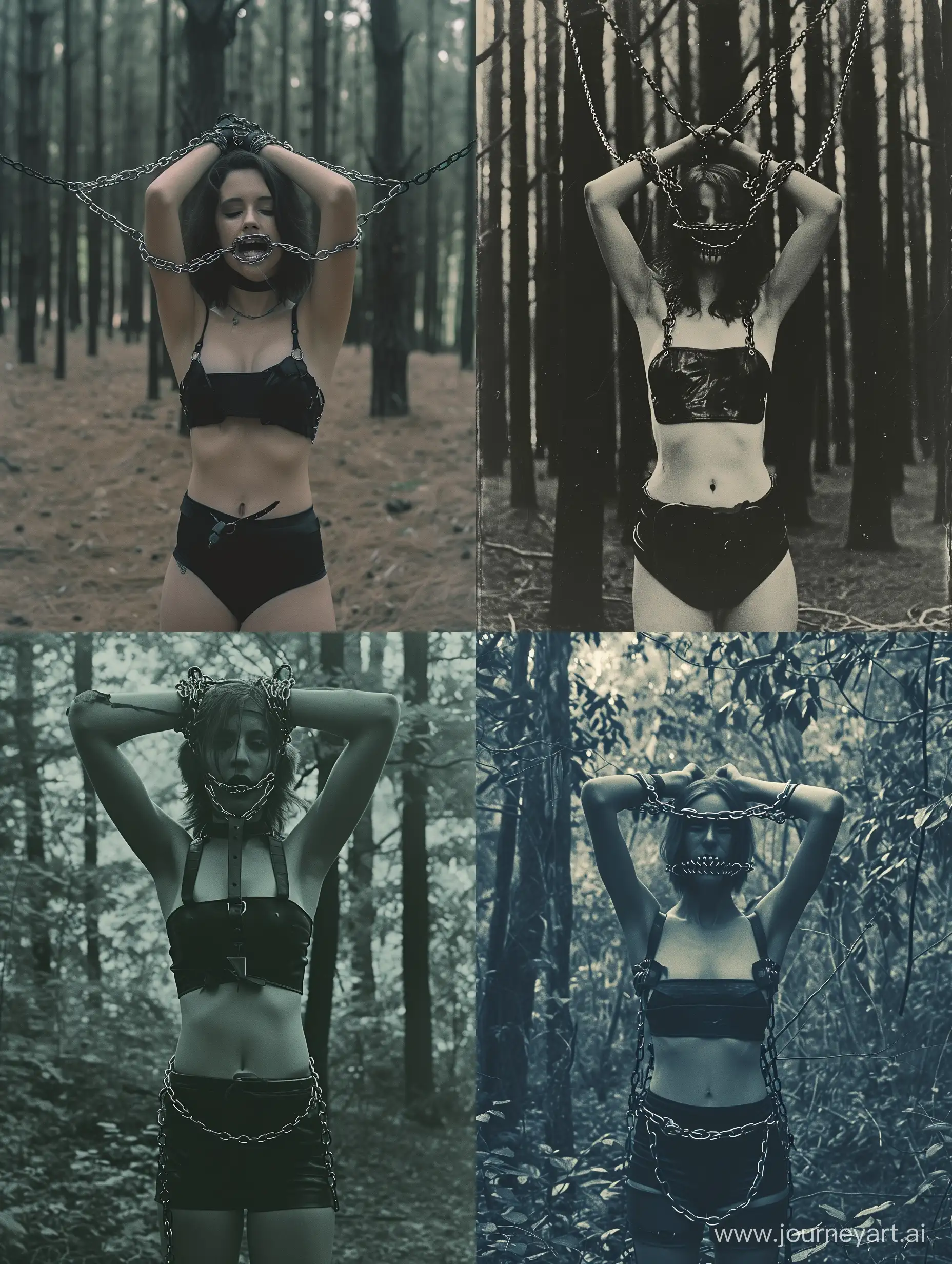 Saturated image of a woman wearing a chained mouth harness in a minimalistic forest, arms bound above her head with chains, dark aesthetic, photo taken with provia