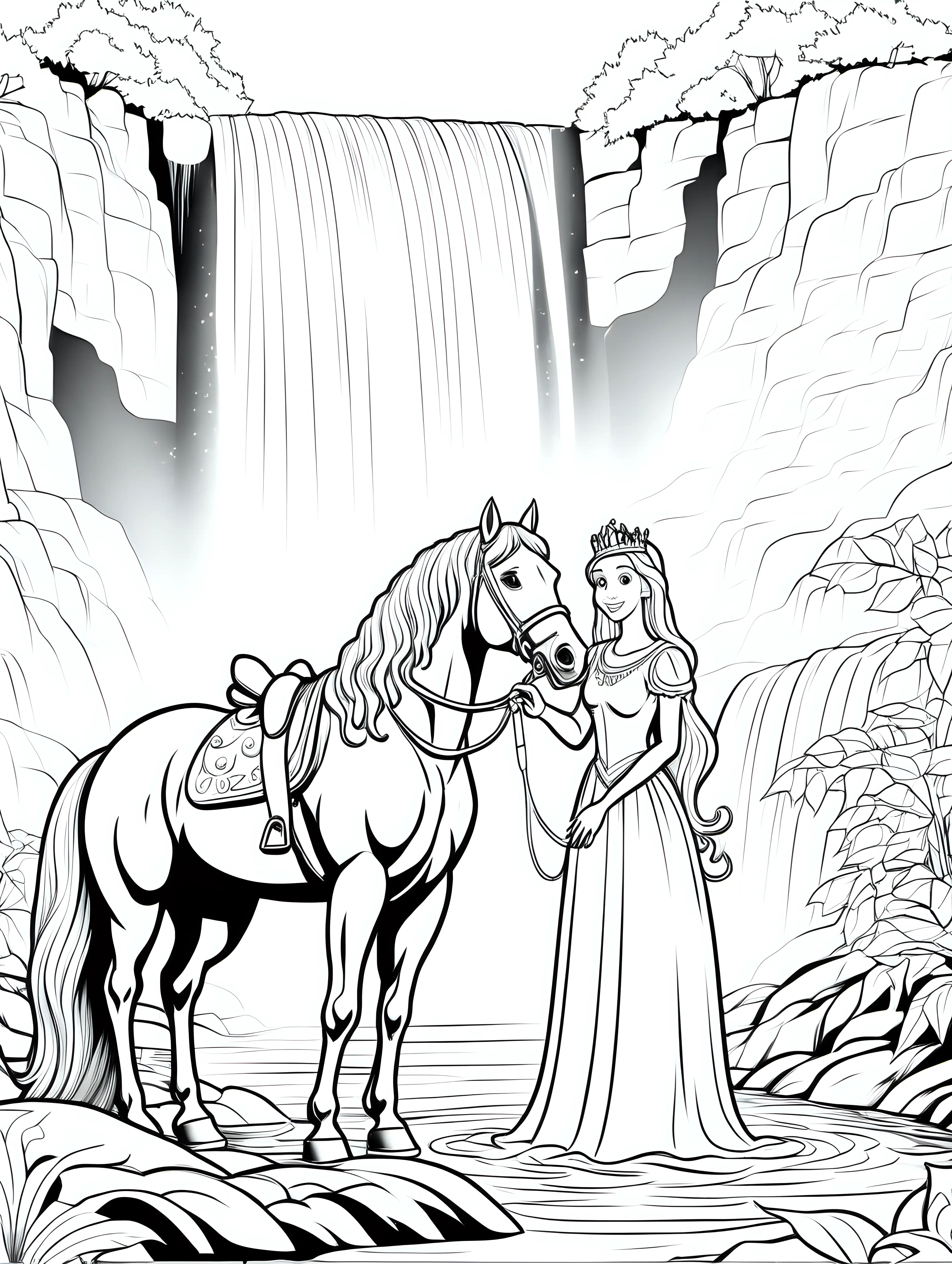 eine Prinzessin steht neben ihrem Pferd an einem Wasserfall - coloring page for kids, white background