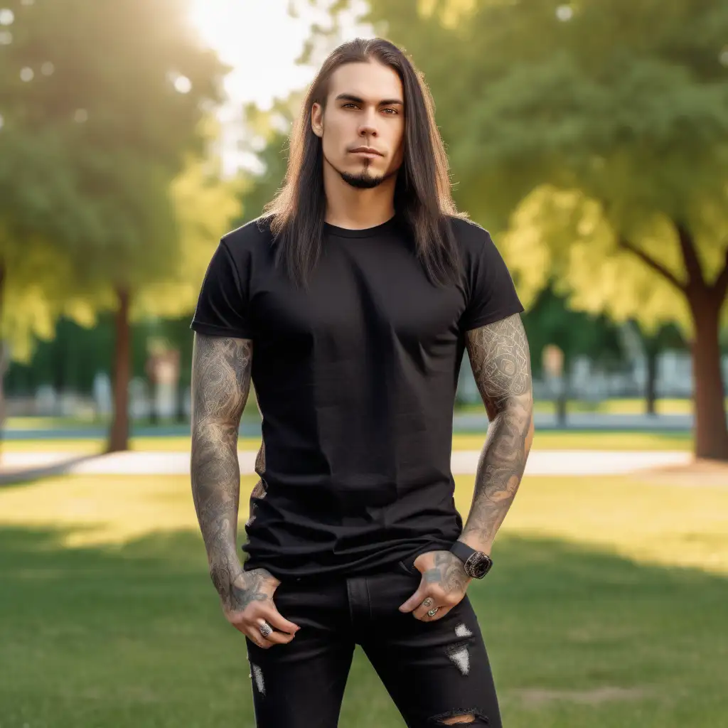 mock-up photo with a biker guy model with tattoos and long hair, dark hair
wearing a plain blank black t-shirt,no writing, no images, Bella Canvas 3001 tshirt  and a jeans, full body, background a sunny park 

