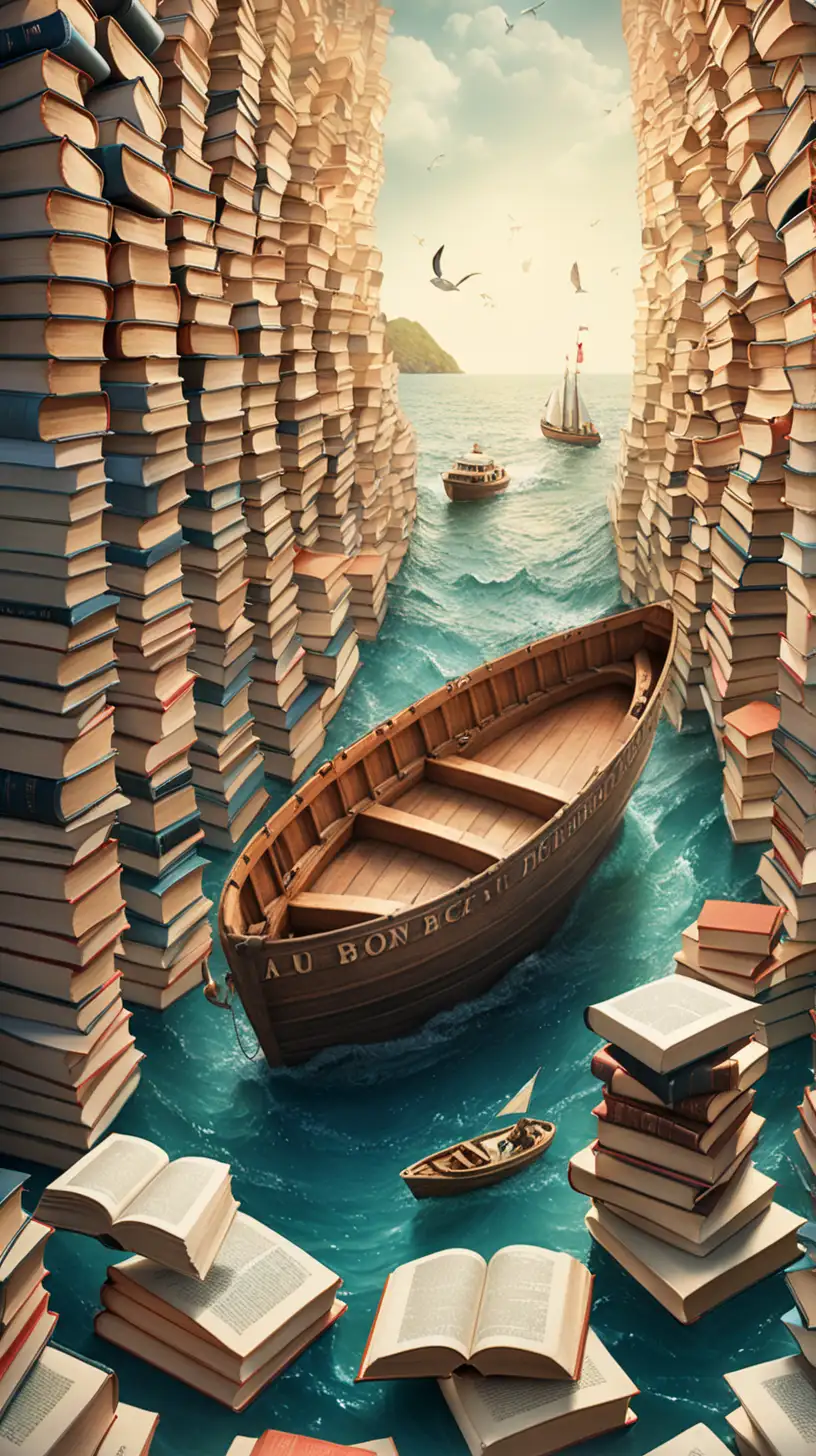 Boat Sailing in a Sea of Books Imaginative Literary Adventure